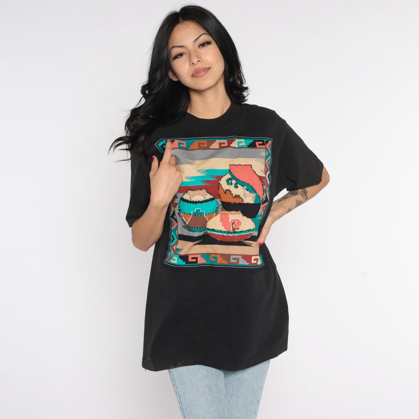 90s Southwestern Pottery Graphic T-Shirt Cotton Large