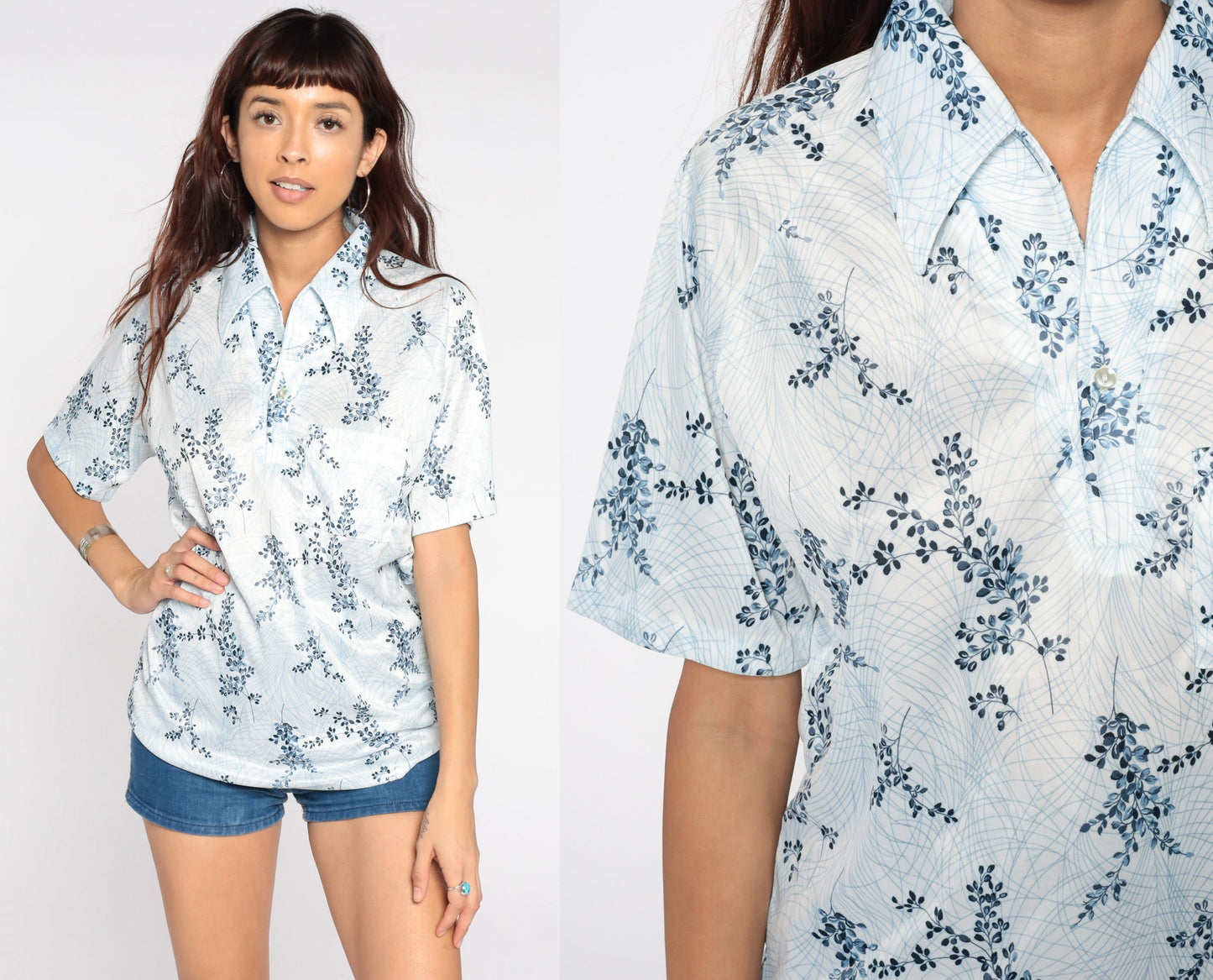 70s Blue Floral Button-Up Shirt Short Sleeve Collar Leaf Print Men's Medium