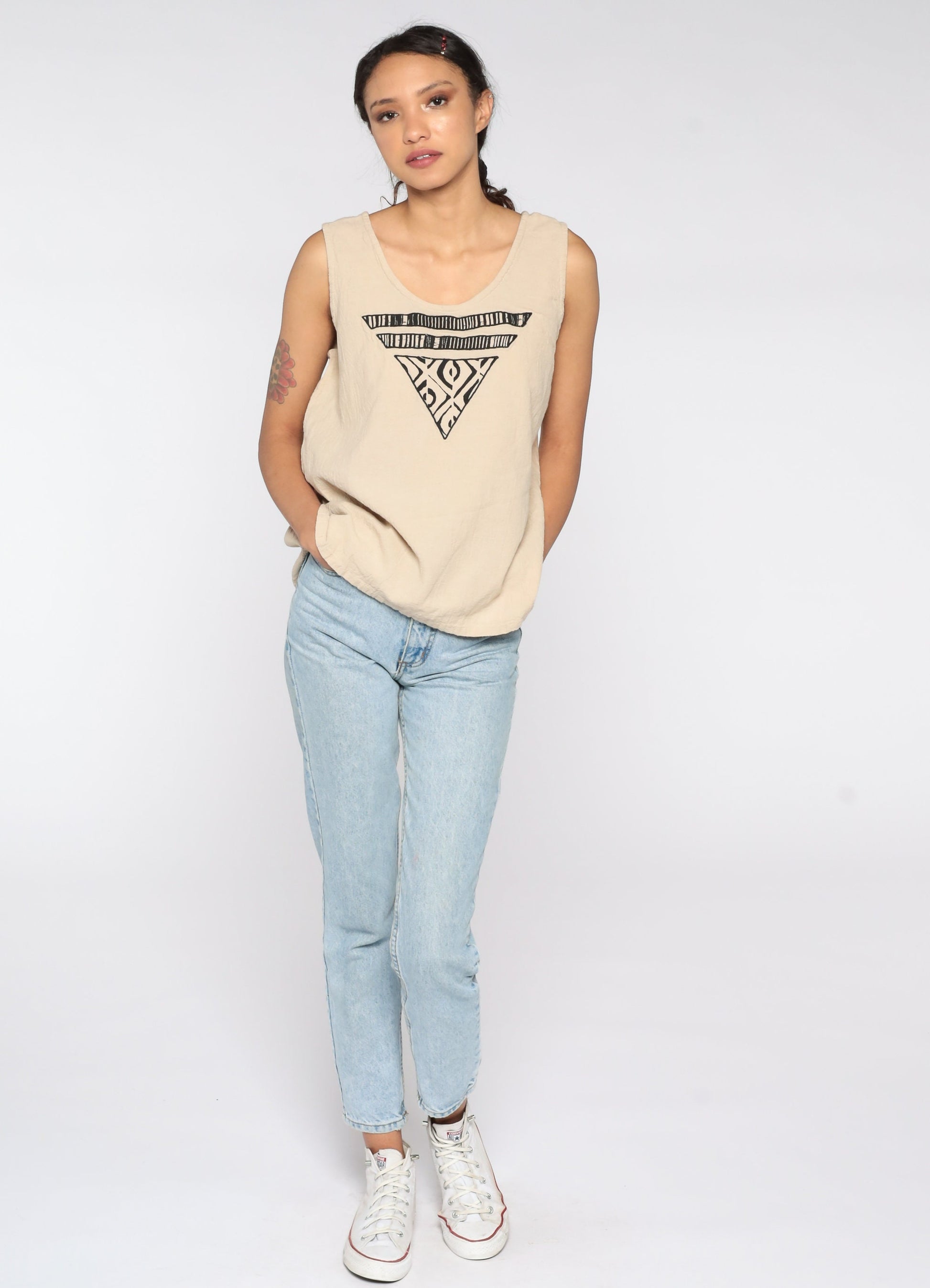 90s Geometric Tank Top Tan Striped Diamond Print Sleeveless Medium
