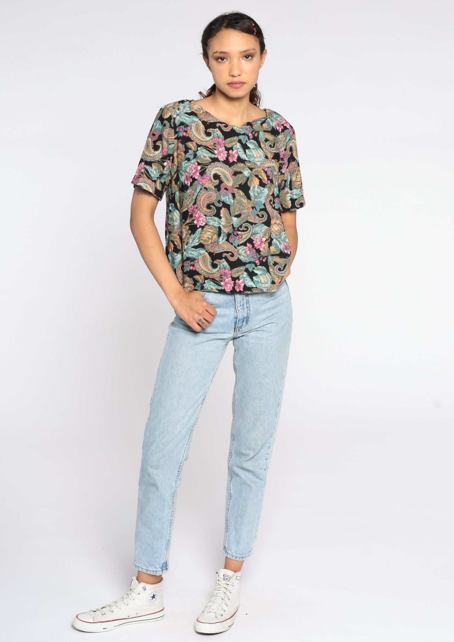 90s Paisley Floral Blouse Black Polyester Short Sleeve Medium