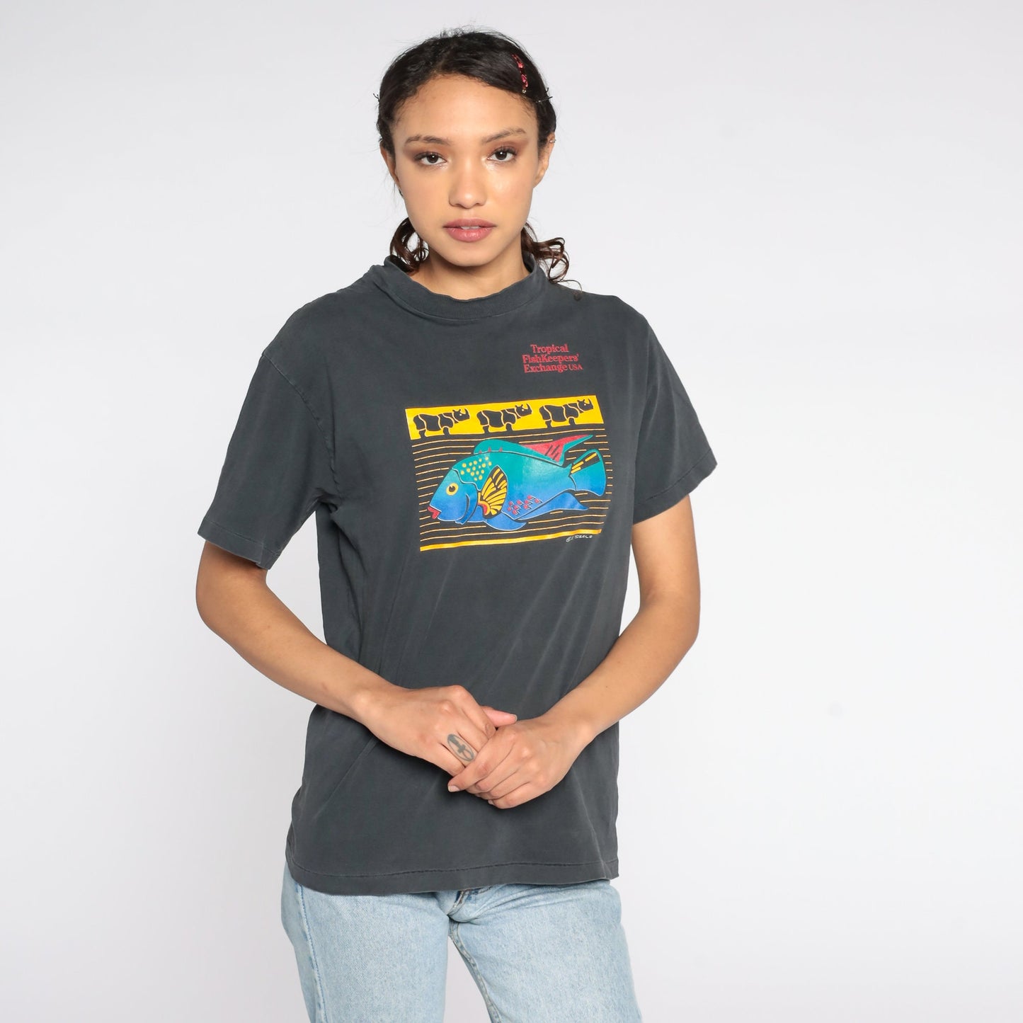 90s Tropical Fishkeepers Exchange Graphic T-Shirt Faded Black Cotton Small