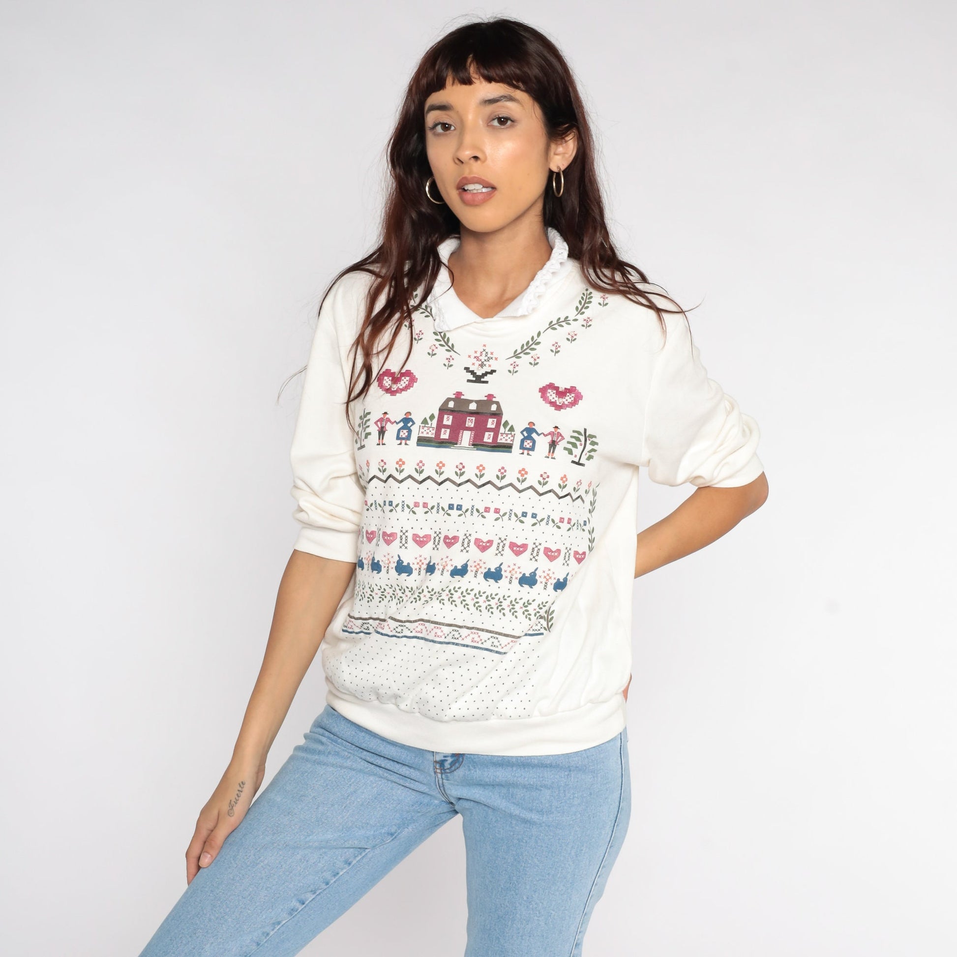90s Country Home Collared Sweatshirt Cream Graphic Crewneck Large