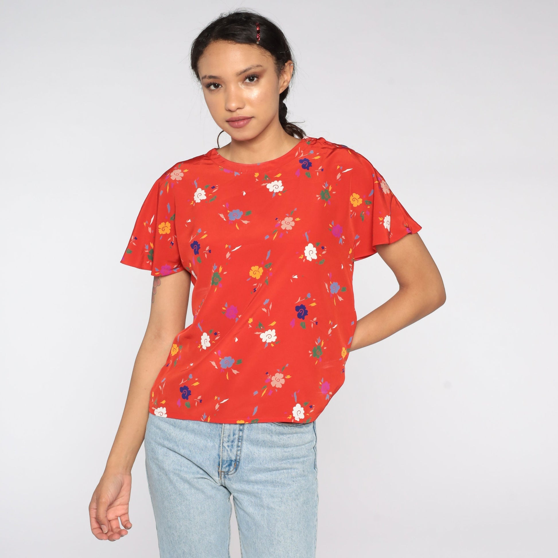 80s Red Floral Flutter Sleeve Blouse Short Sleeve Shirt Small