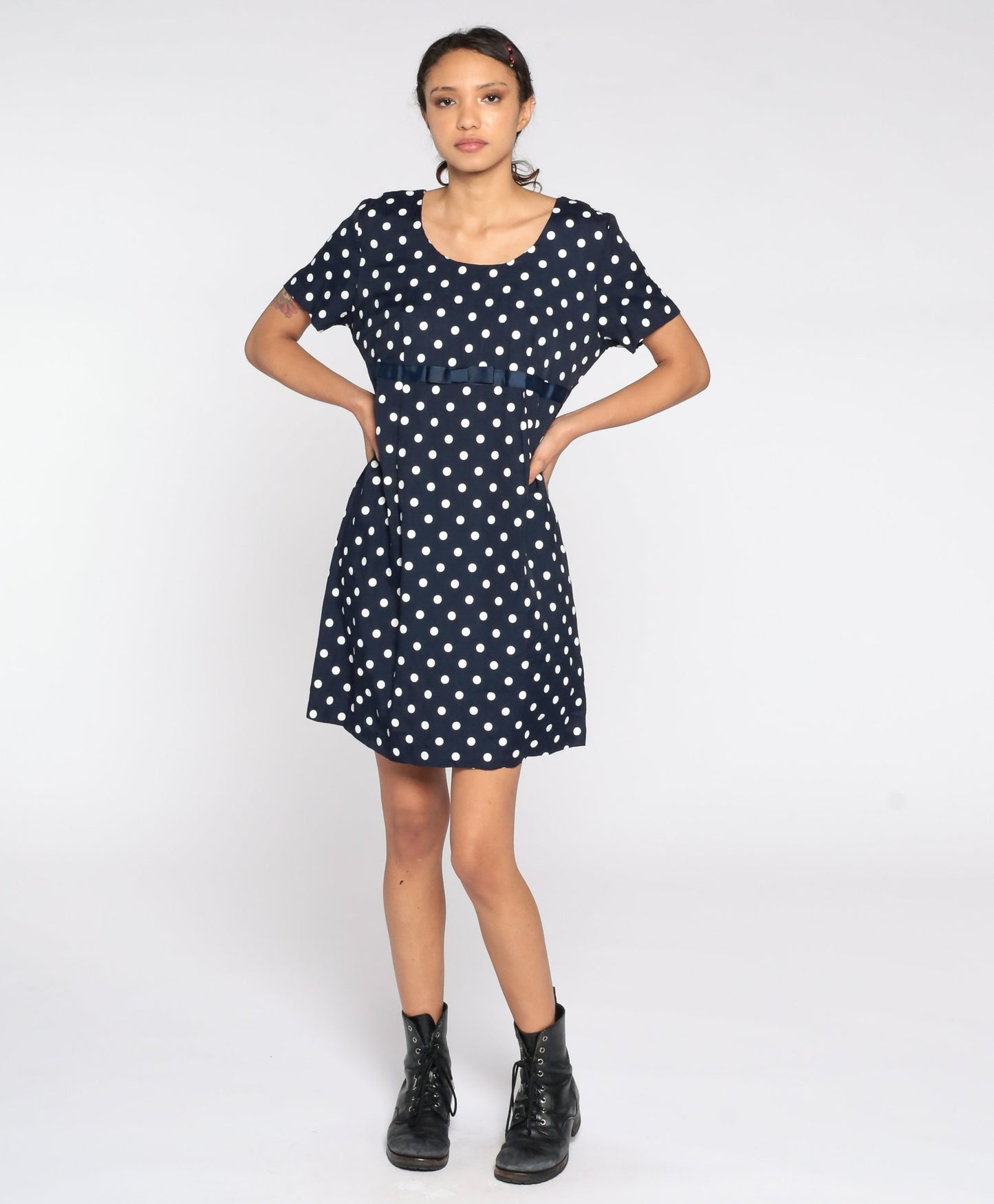 90s Navy Polka Dot Maternity Shift Dress White Mini Short Sleeve Medium