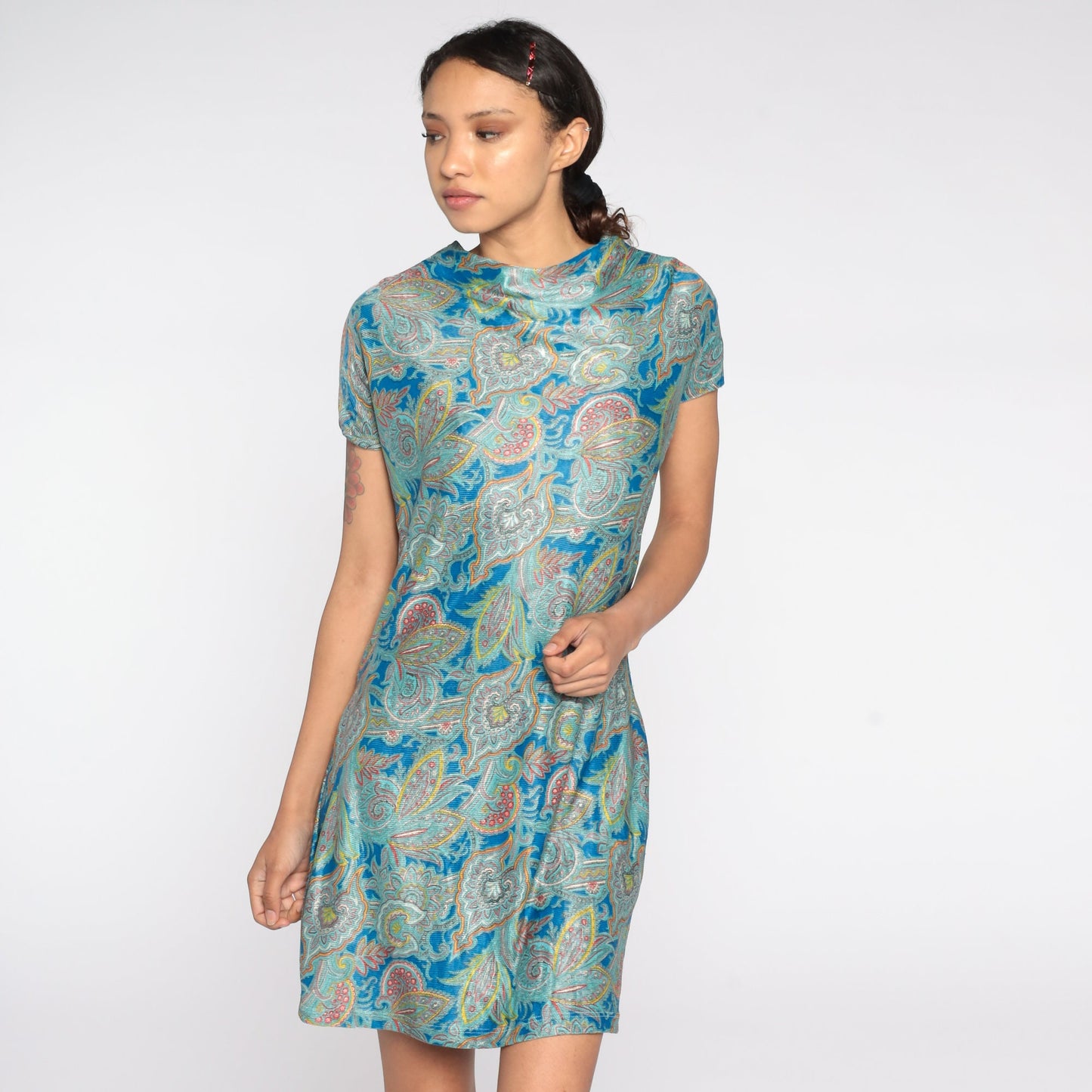 1960s Paisley Psychedelic Mini Shift Dress Blue Cap Sleeve Medium