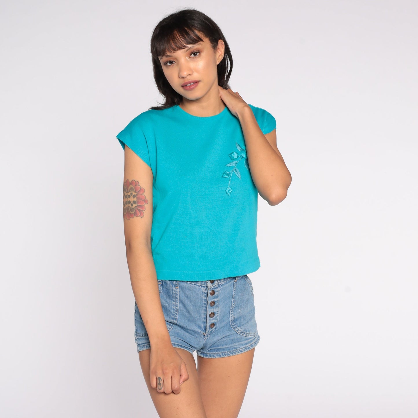 1960s Turquoise Knit Sweater Top Floral Appliqué Cap Sleeve Small