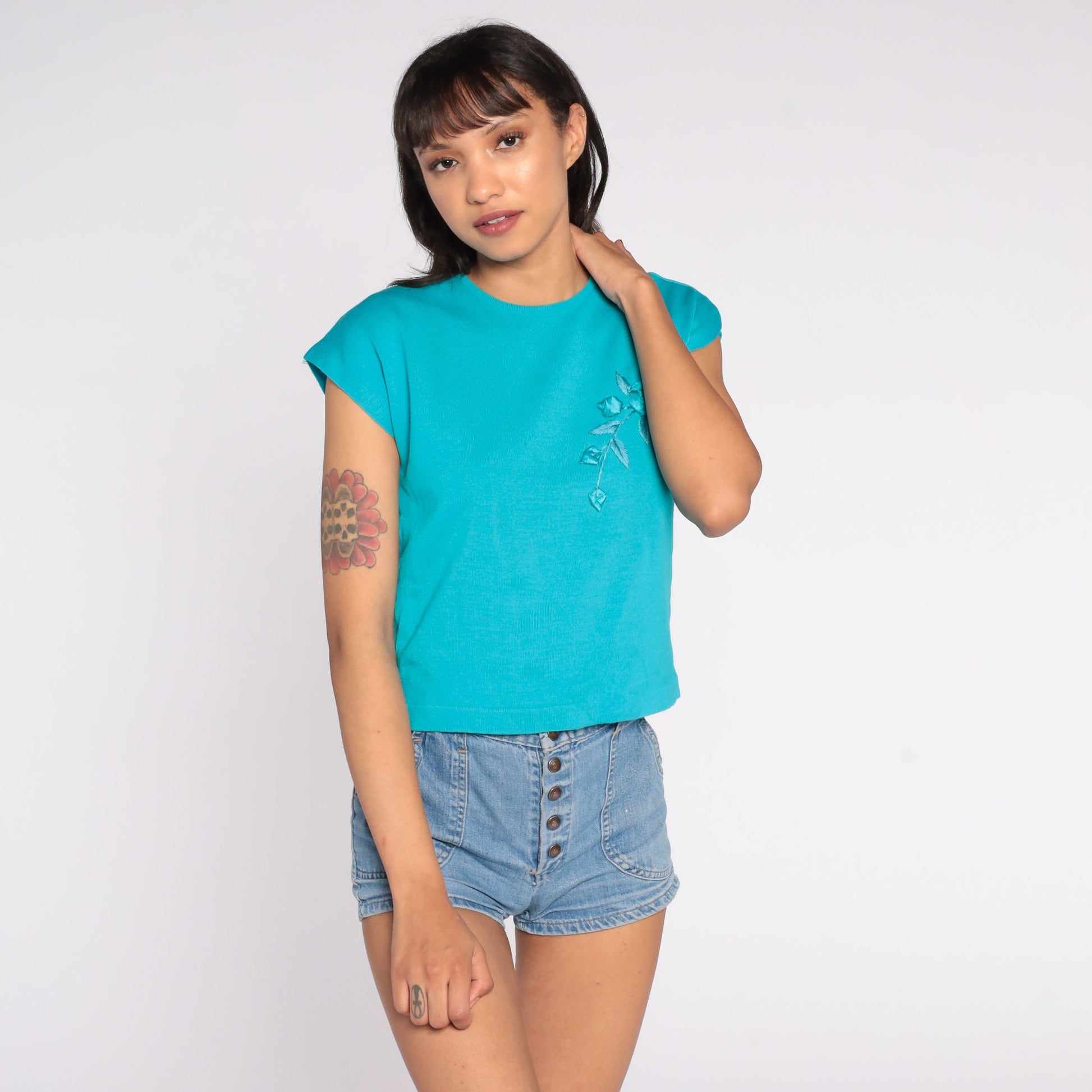 1960s Turquoise Knit Sweater Top Floral Appliqué Cap Sleeve Small