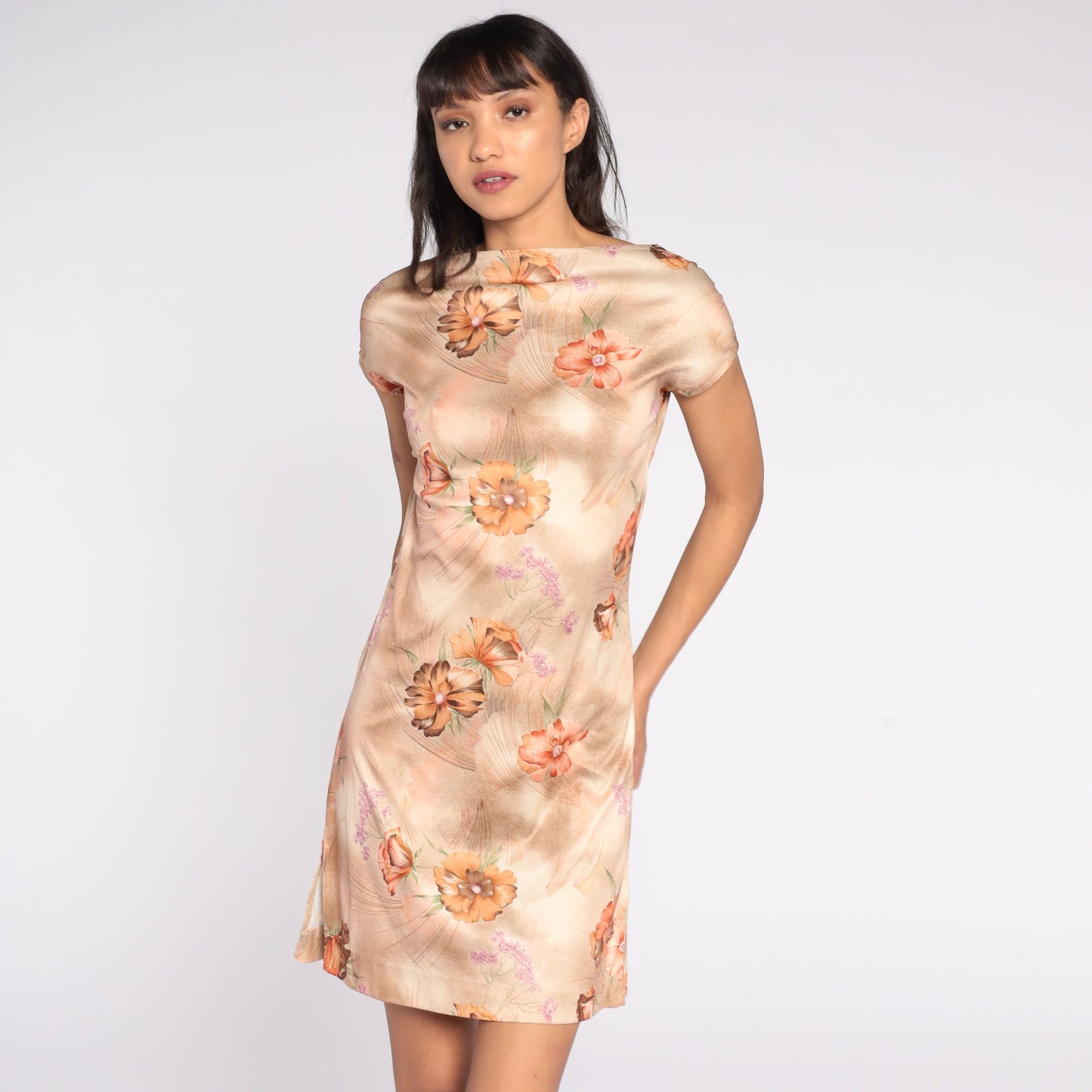 70s Floral Mini Dress Brown Cap Sleeve Sheath Extra Small