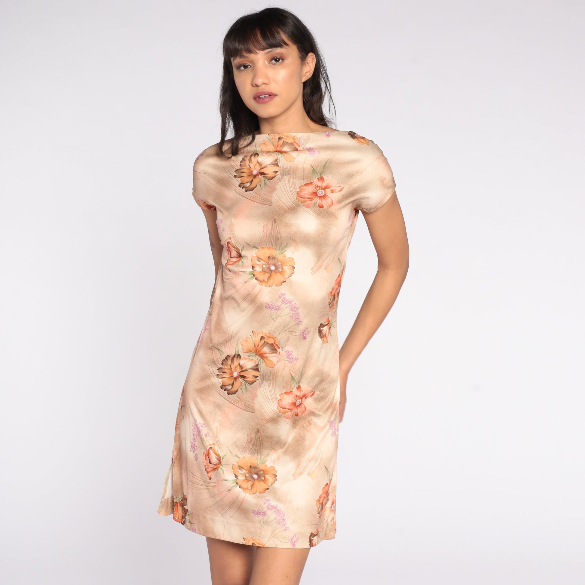 70s Floral Mini Dress Brown Cap Sleeve Sheath Extra Small