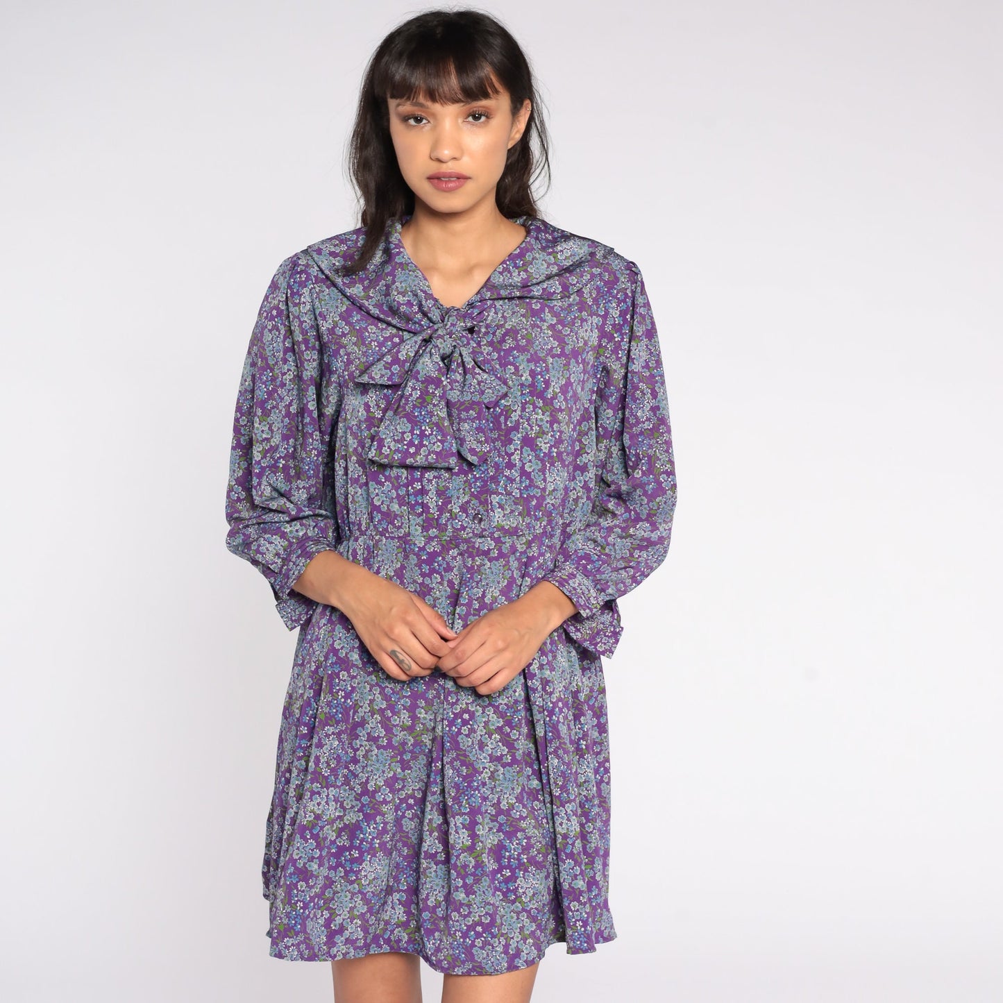 80s Purple Floral Button-Up Mini Dress Ascot Bow Shirtdress High Waist Large