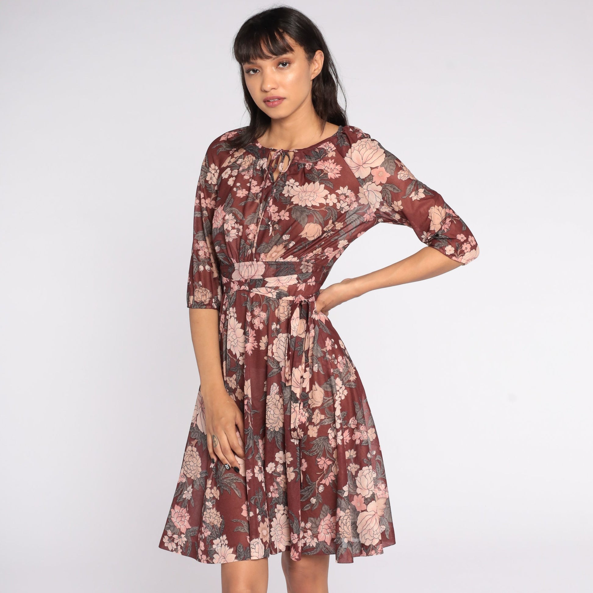 70s Floral Midi Dress Brown Pink High Waist 3/4 Sleeve Keyhole Extra Small