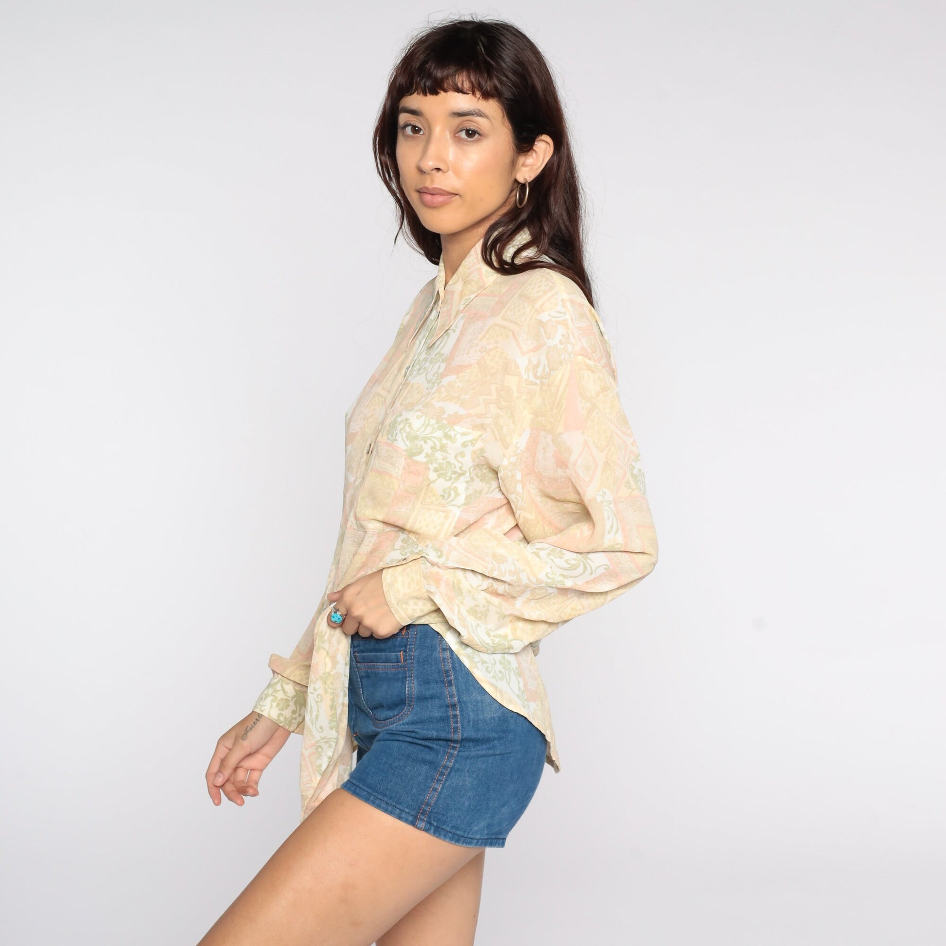 70s Yellow Geometric Floral Button-Up Blouse Dagger Collar Long Sleeve Medium