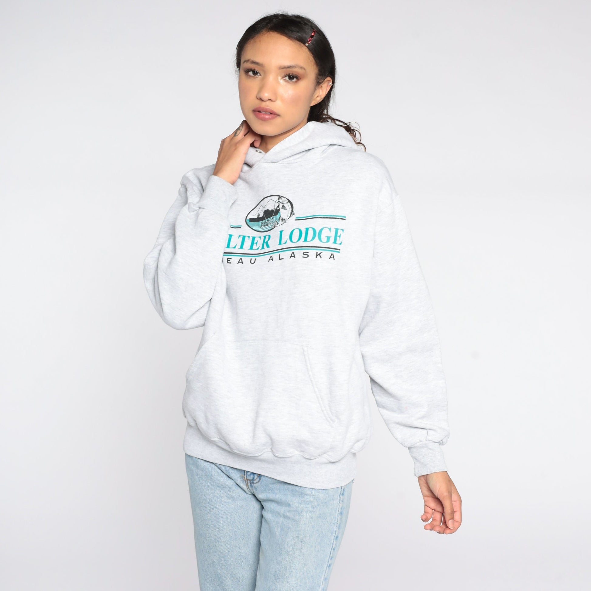 90s Shelter Fishing Lodge Juneau Alaska Hoodie Sweatshirt Jerzees Medium
