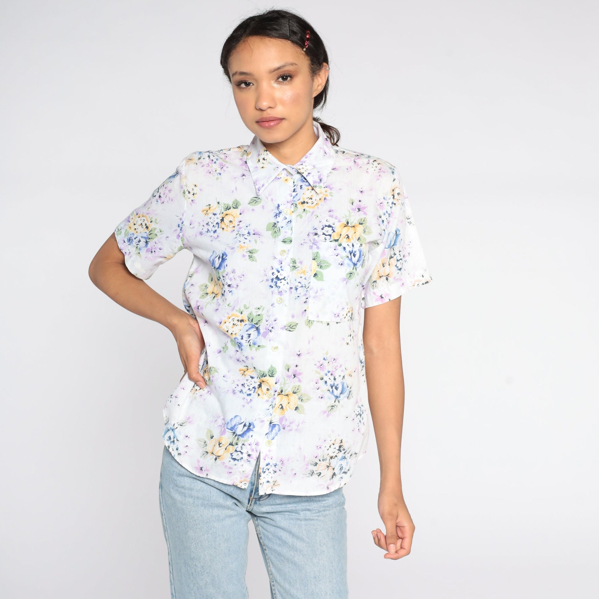 90s Blue Floral Button-Up Shirt Short Sleeve Cotton Blouse Small Petite