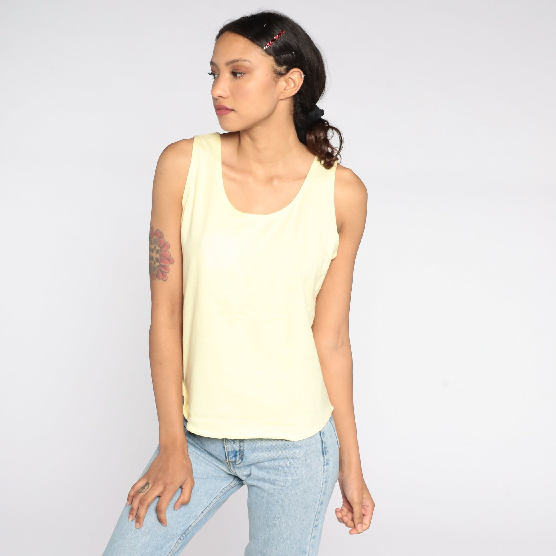 80s Yellow Tank Top Single Stitch Cotton Sleeveless Tee Medium