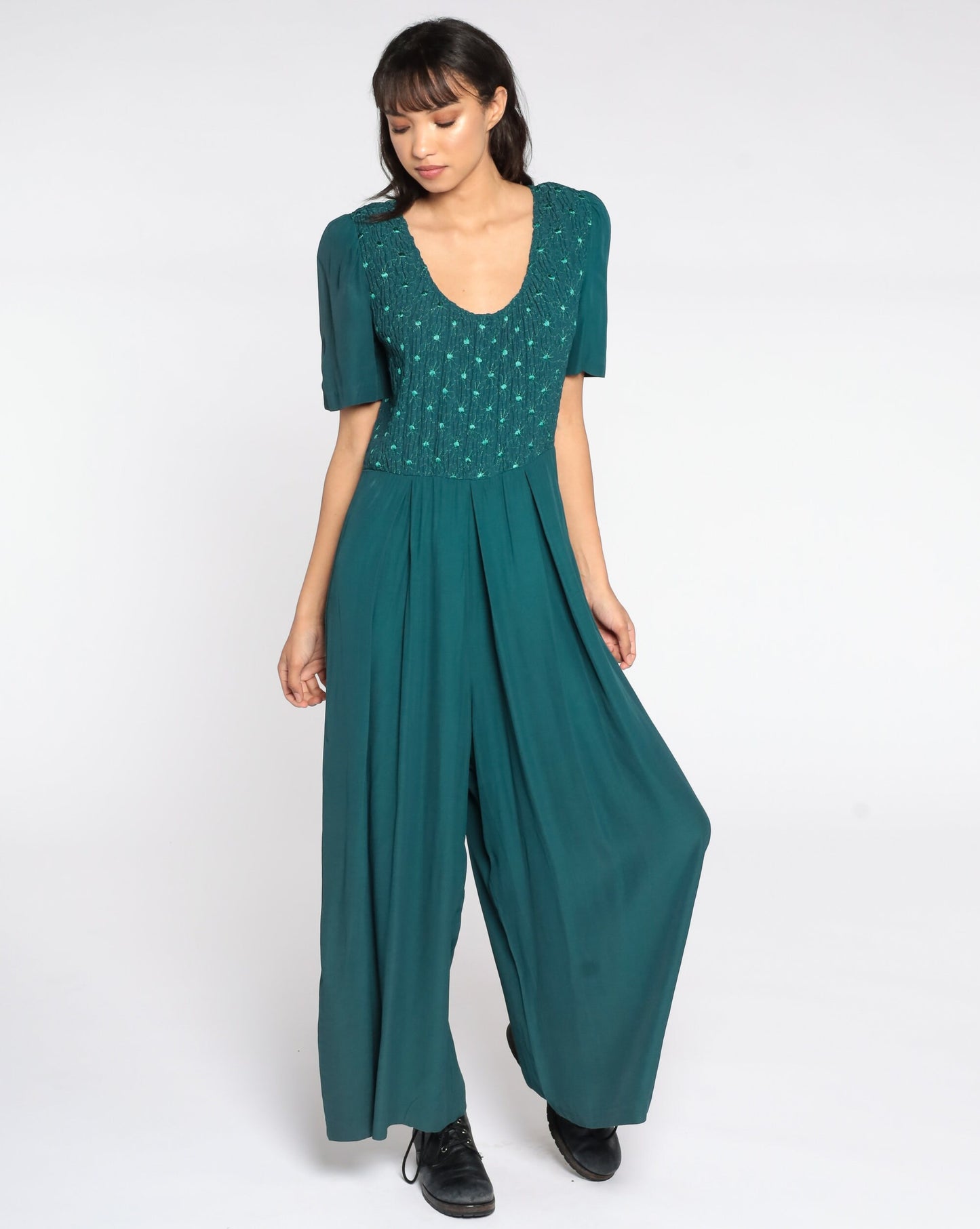 90s Green Jumpsuit Wide Leg Puff Sleeve Embroidered Button Up Large 12