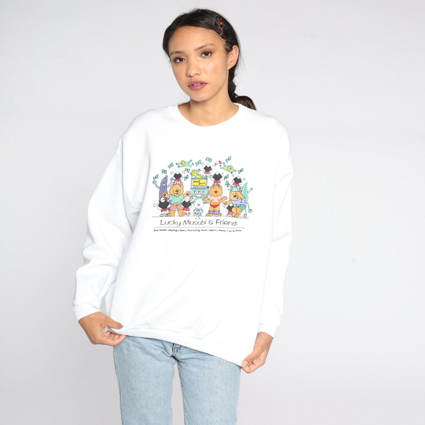 90s Lucky Musubi Sushi Graphic Sweatshirt Teddy Bear Crewneck Large