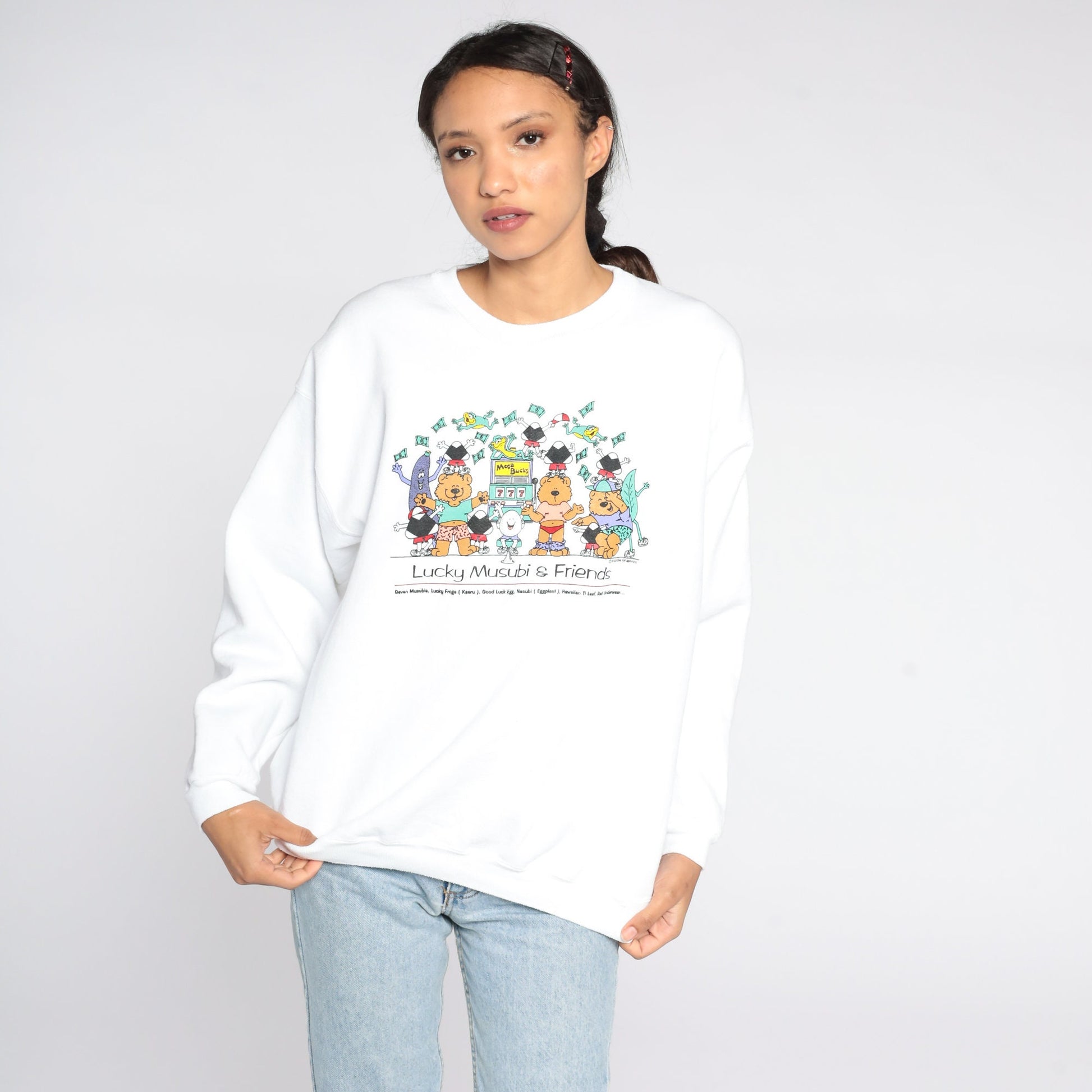 90s Lucky Musubi Sushi Graphic Sweatshirt Teddy Bear Crewneck Large