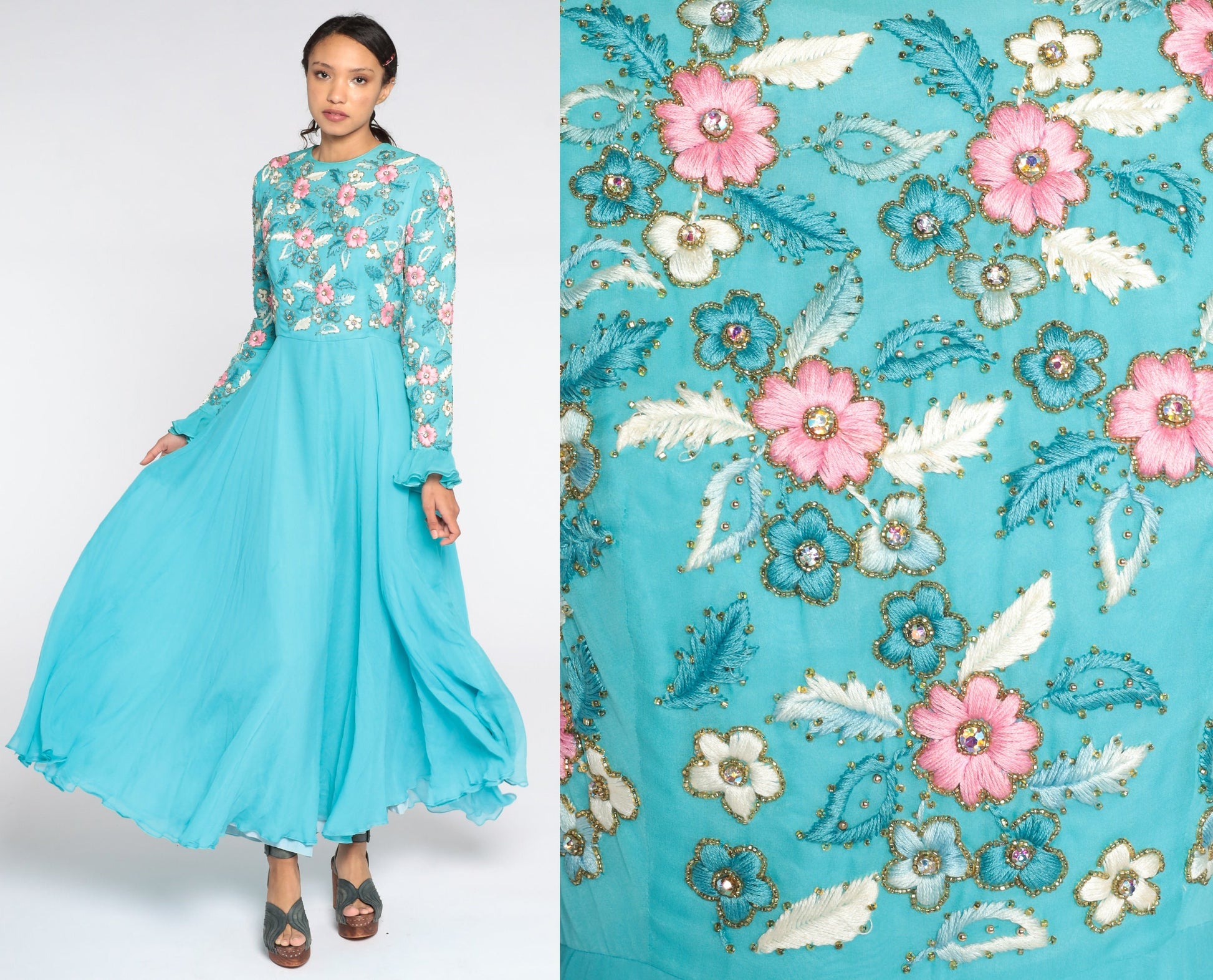 70s Blue Chiffon Maxi Dress Floral Embroidery High Waist Long Sleeve Medium