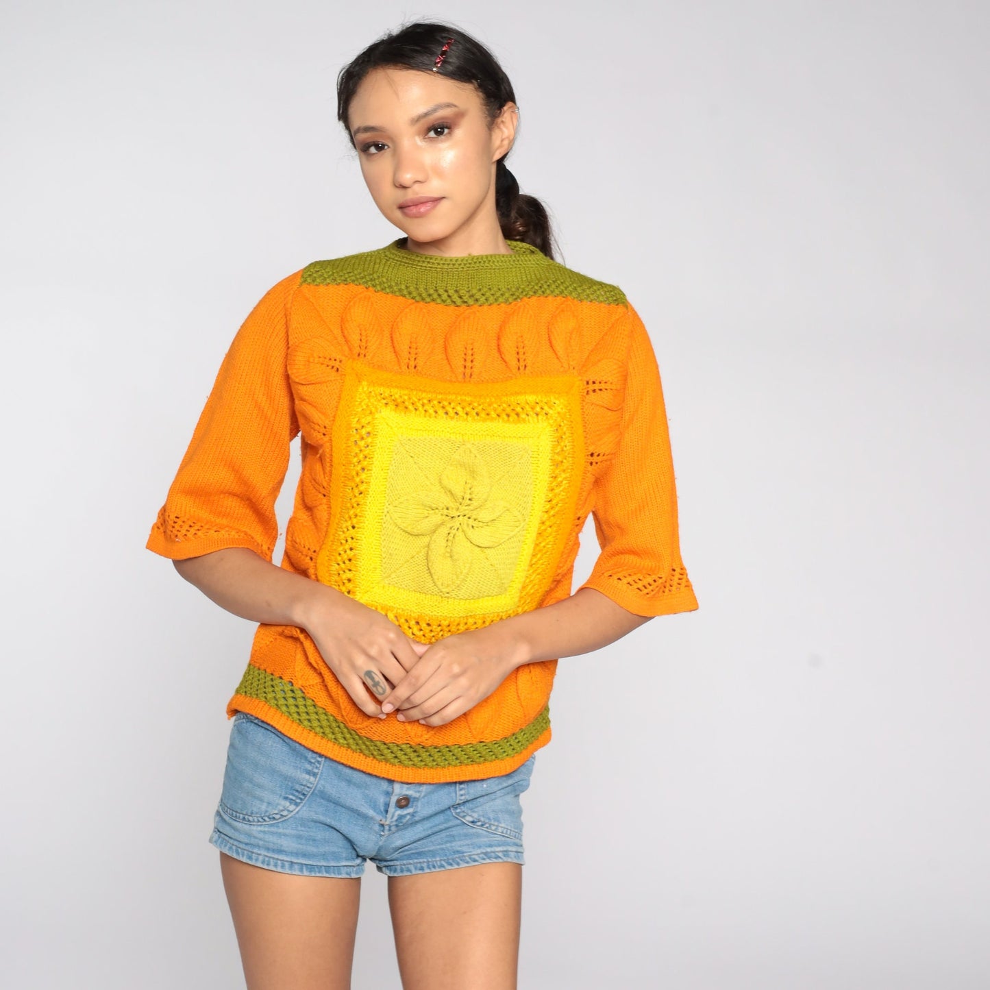 70s Wool Bell Sleeve Sweater Yellow Orange Colourblock Knit Medium