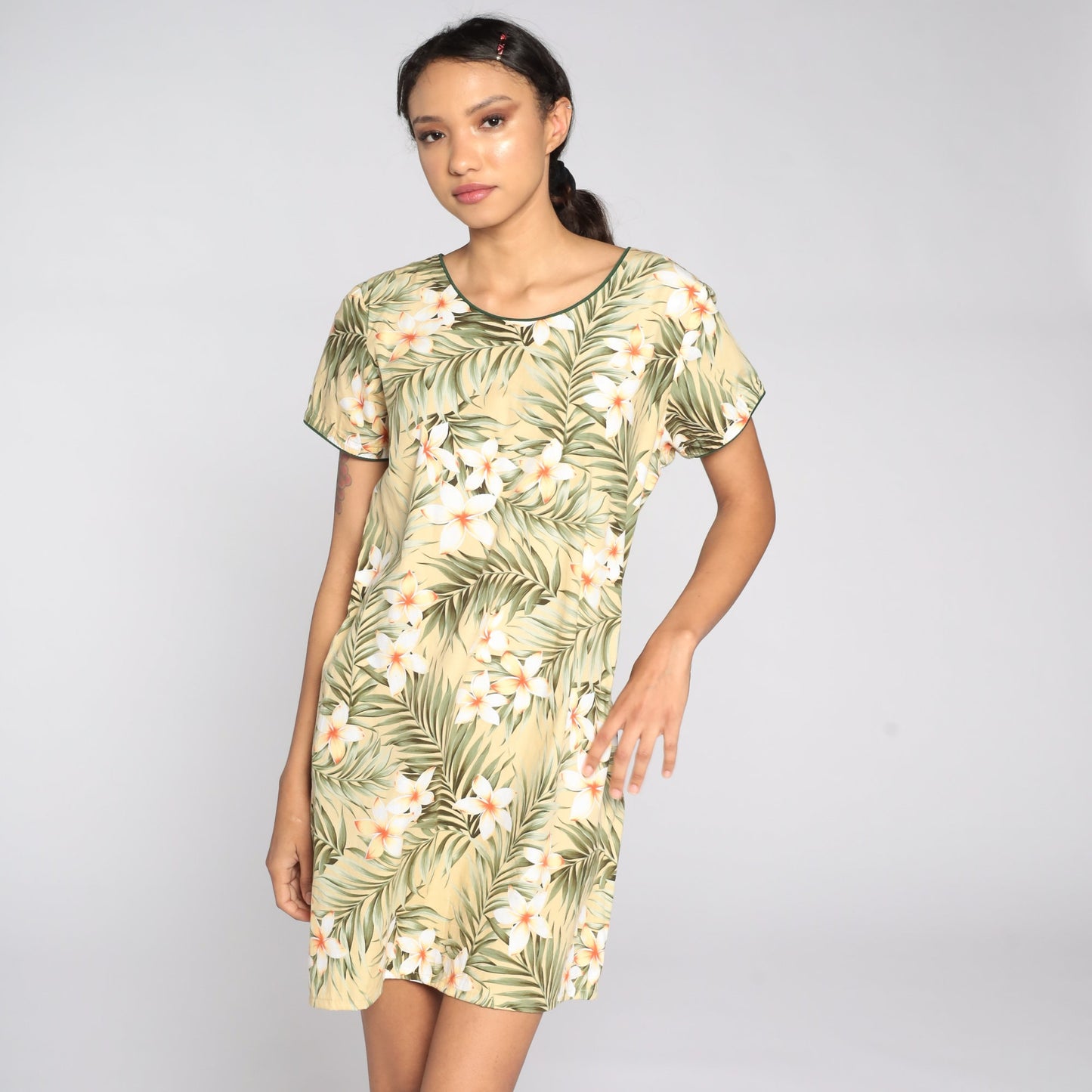90s Tropical Floral Mini Dress Yellow Shift Cotton Short Sleeve Medium