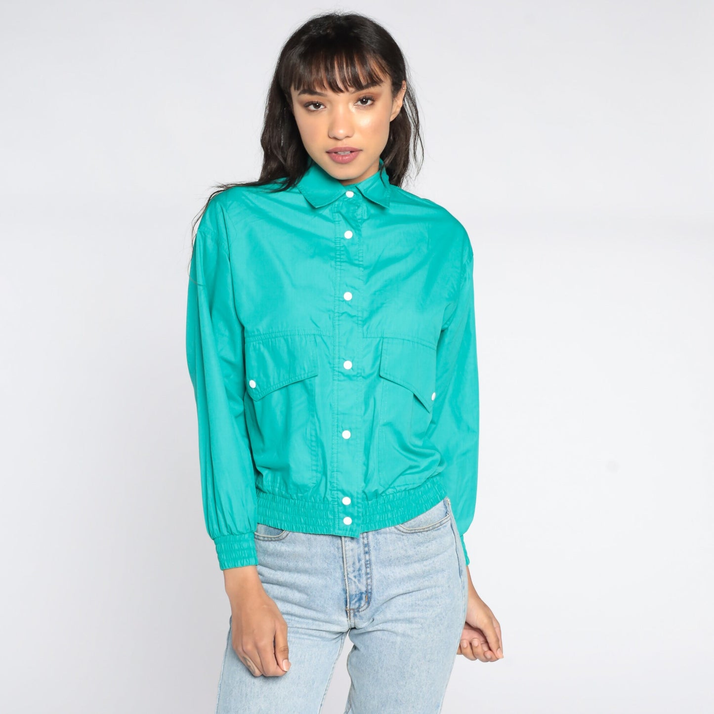 80s Turquoise Bomber Jacket Button-Up Windbreaker Small S