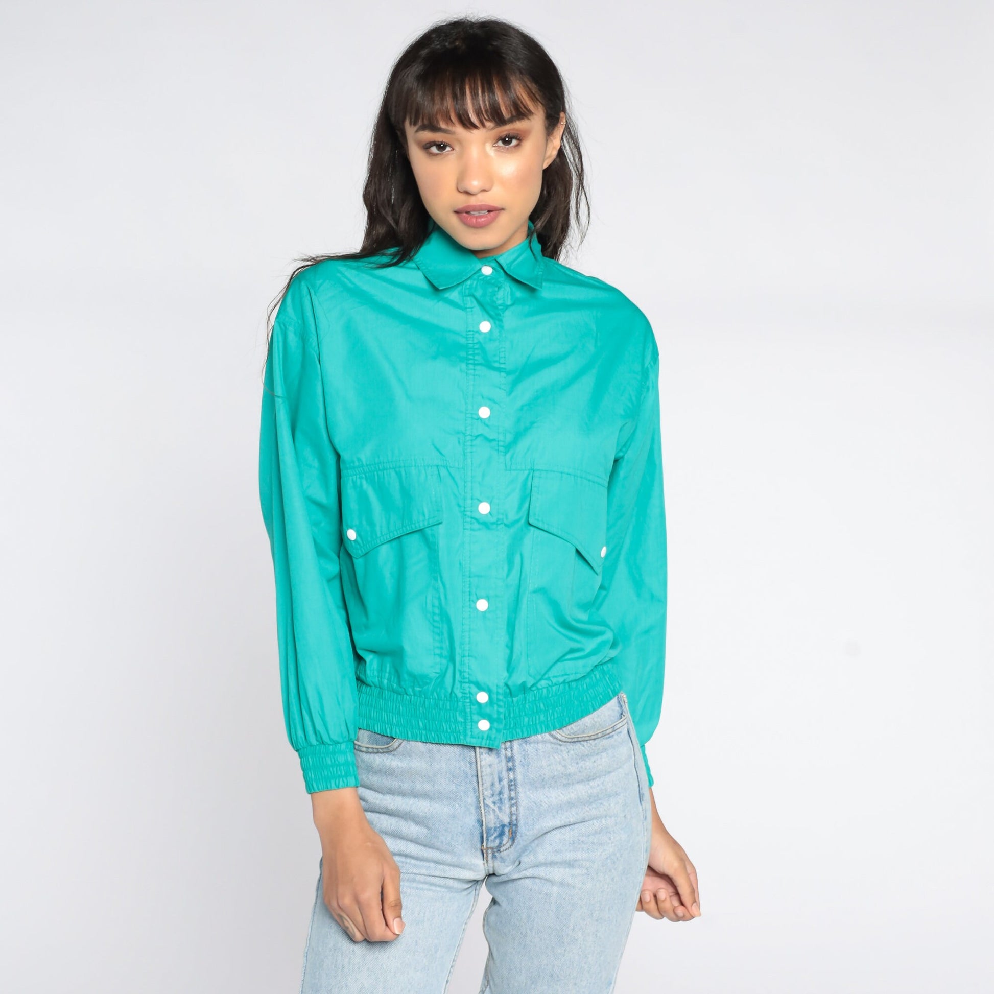 80s Turquoise Bomber Jacket Button-Up Windbreaker Small S