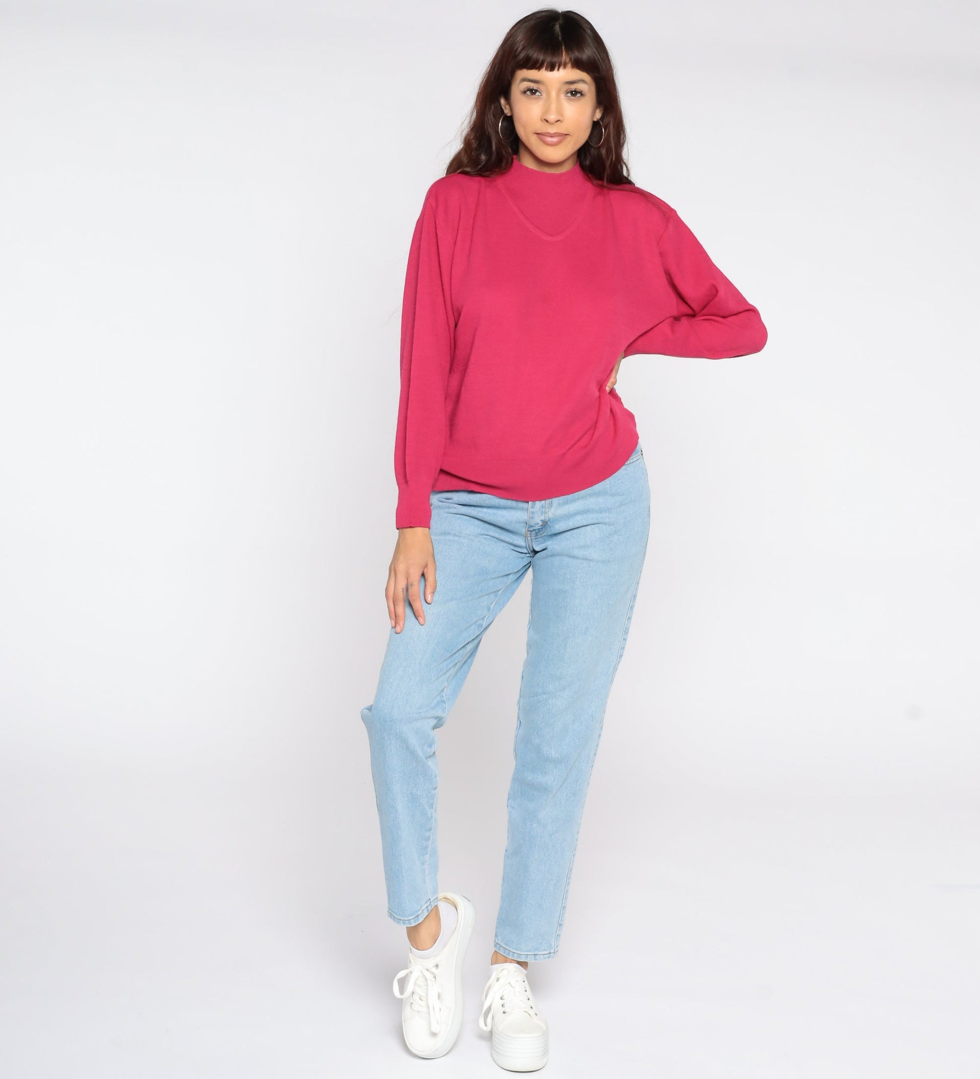 80s Deep Pink Wool Blend Pullover Sweater Knit Crewneck Medium Large