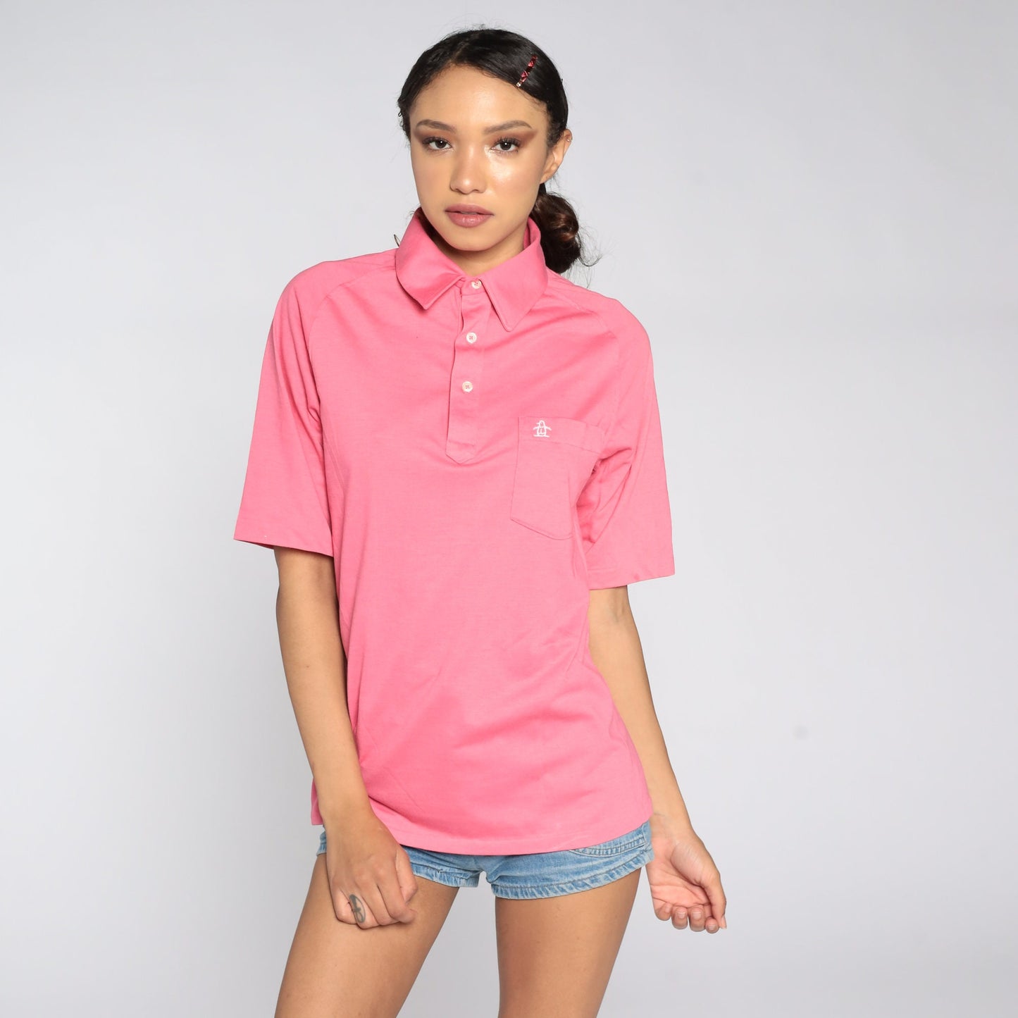 80s Munsingwear Polo Shirt Pink Half-Button Cotton Blend Small Medium