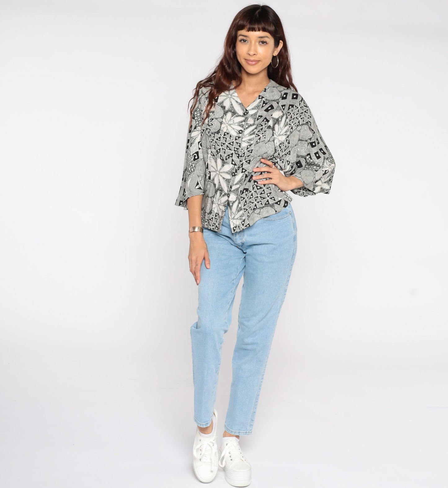 90s Black Floral Button Up Blouse Bell Sleeve Shirt Small Medium