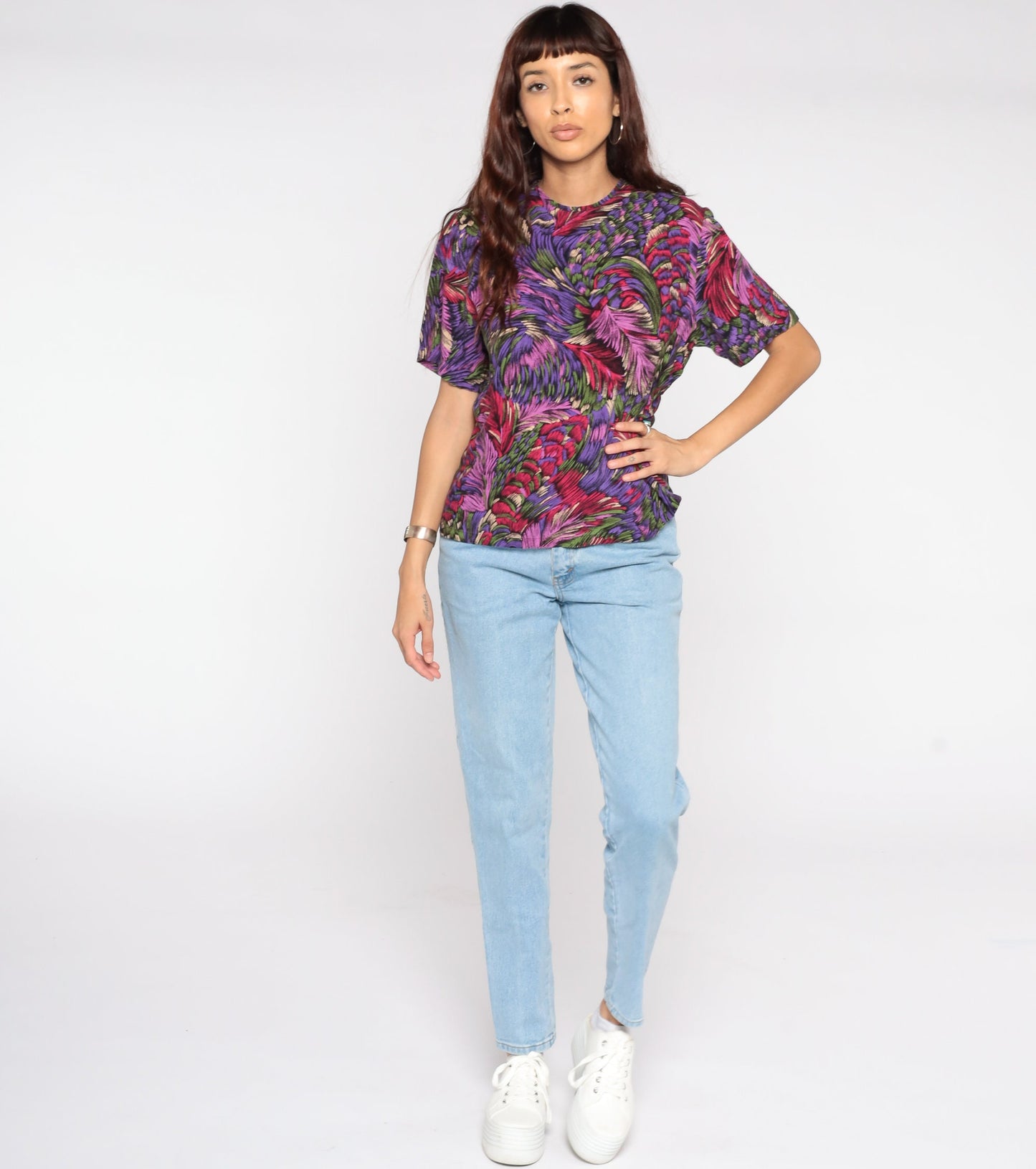 80s Feather Print Shirt Purple Graphic Blouse Medium