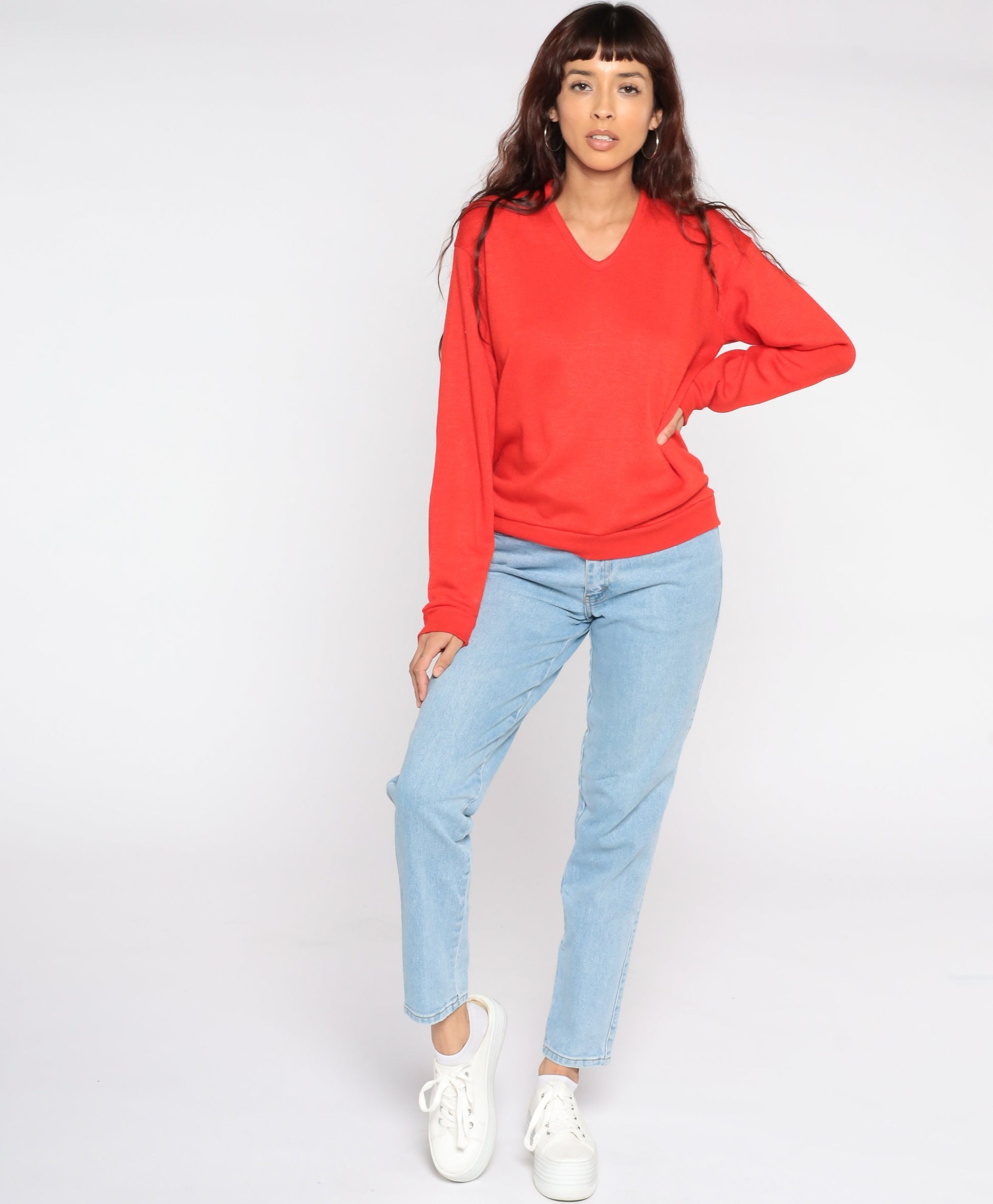 80s Red V-Neck Knit Sweater Slouchy Pullover Medium
