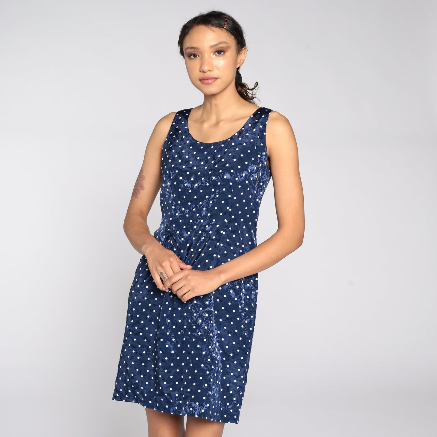 90s Polka Dot Mini Dress Sleeveless Sheath Navy White Embossed Small S