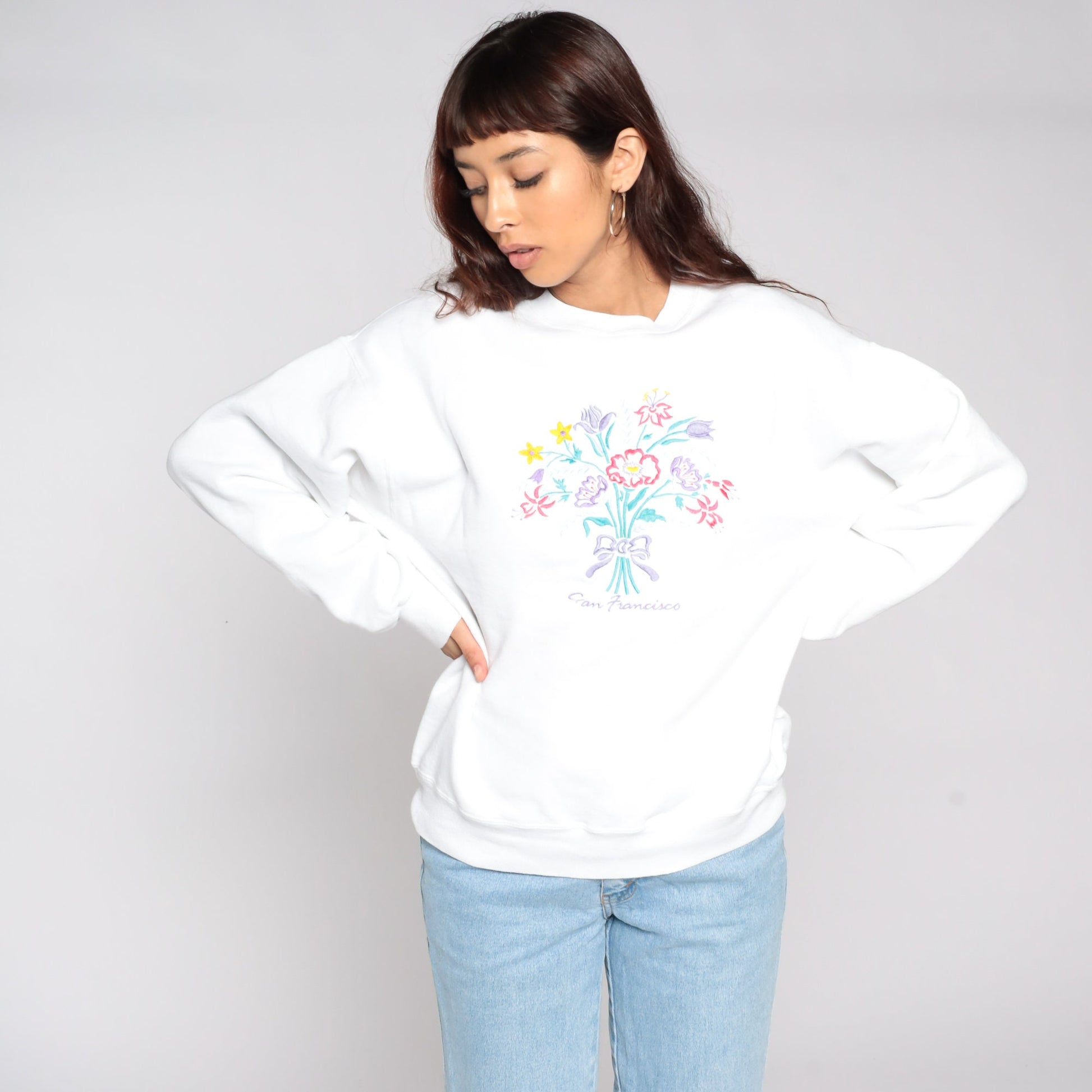 80s San Francisco Embroidered Sweatshirt White Floral Crewneck Large L