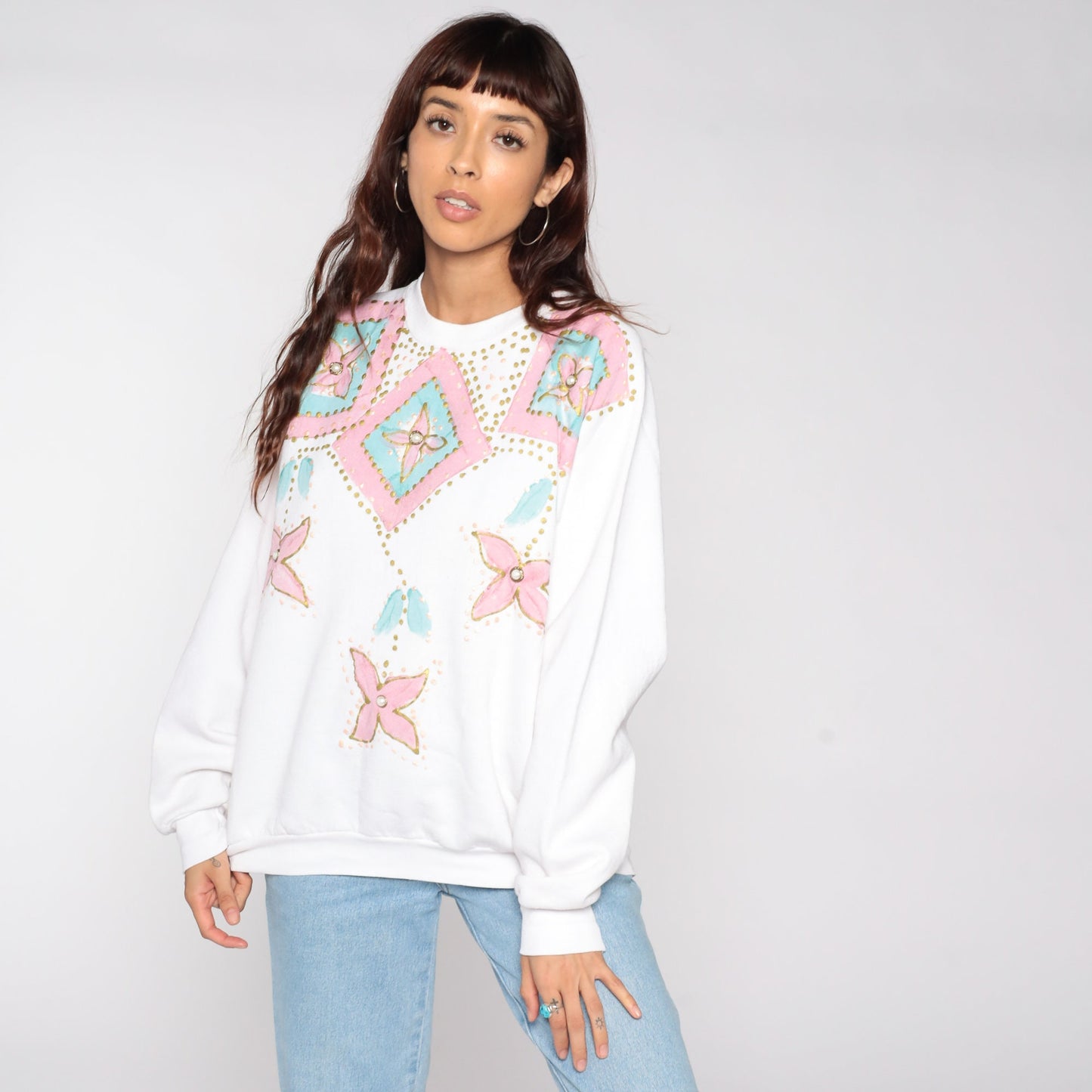 90s Hand Painted Floral Sweatshirt White Graphic Crewneck Large
