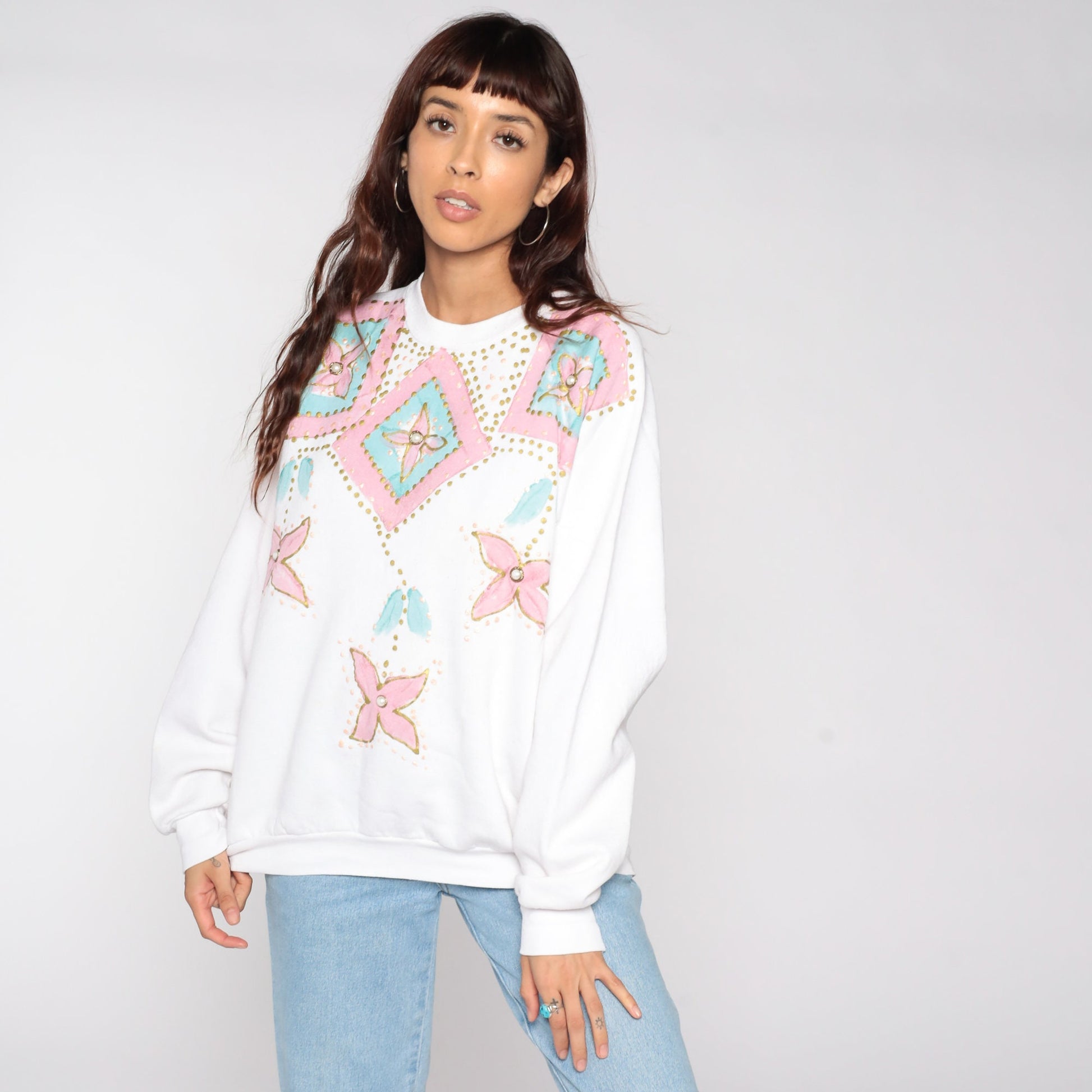 90s Hand Painted Floral Sweatshirt White Graphic Crewneck Large