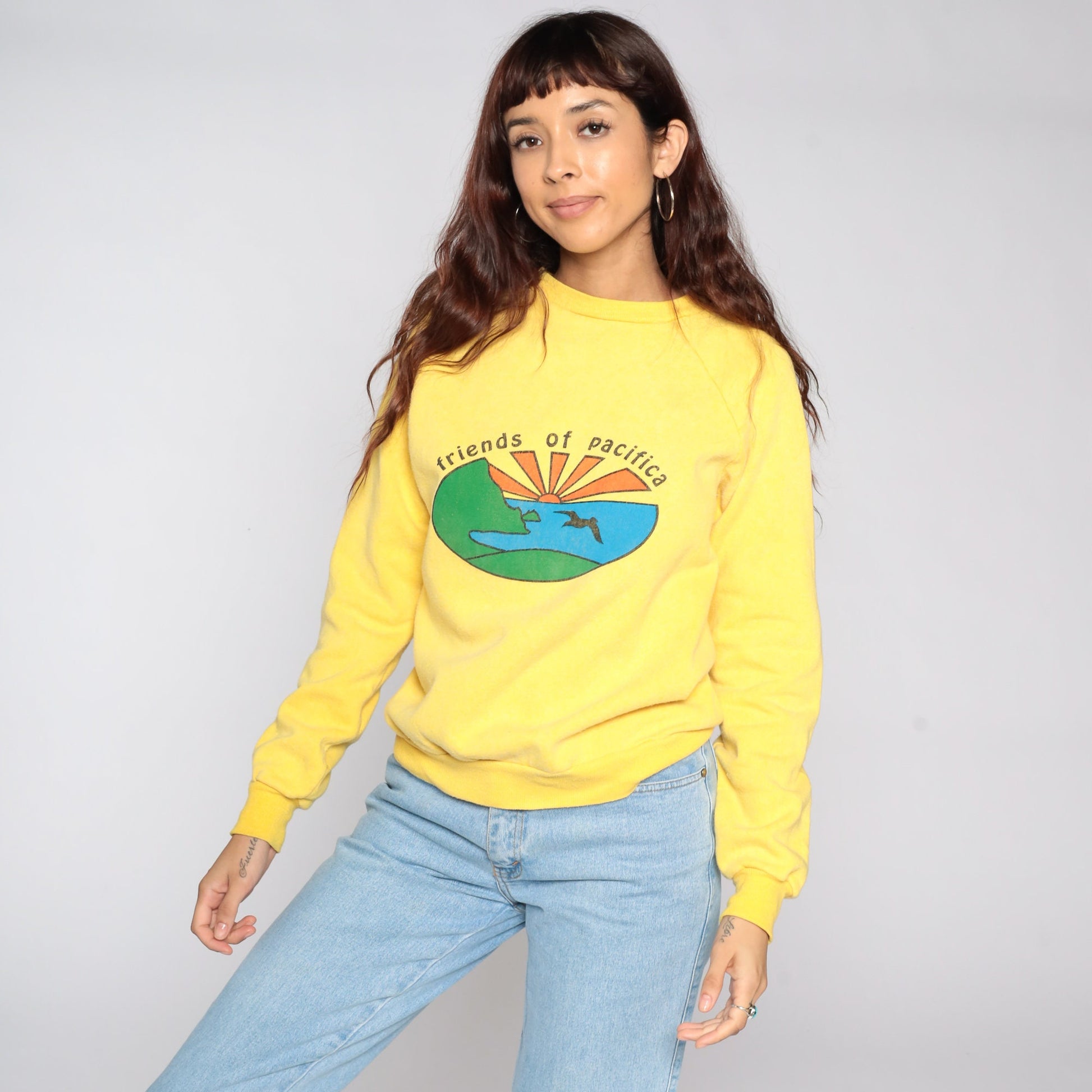 80s Friends of Pacifica Bird Sweatshirt Yellow Raglan Crewneck Medium