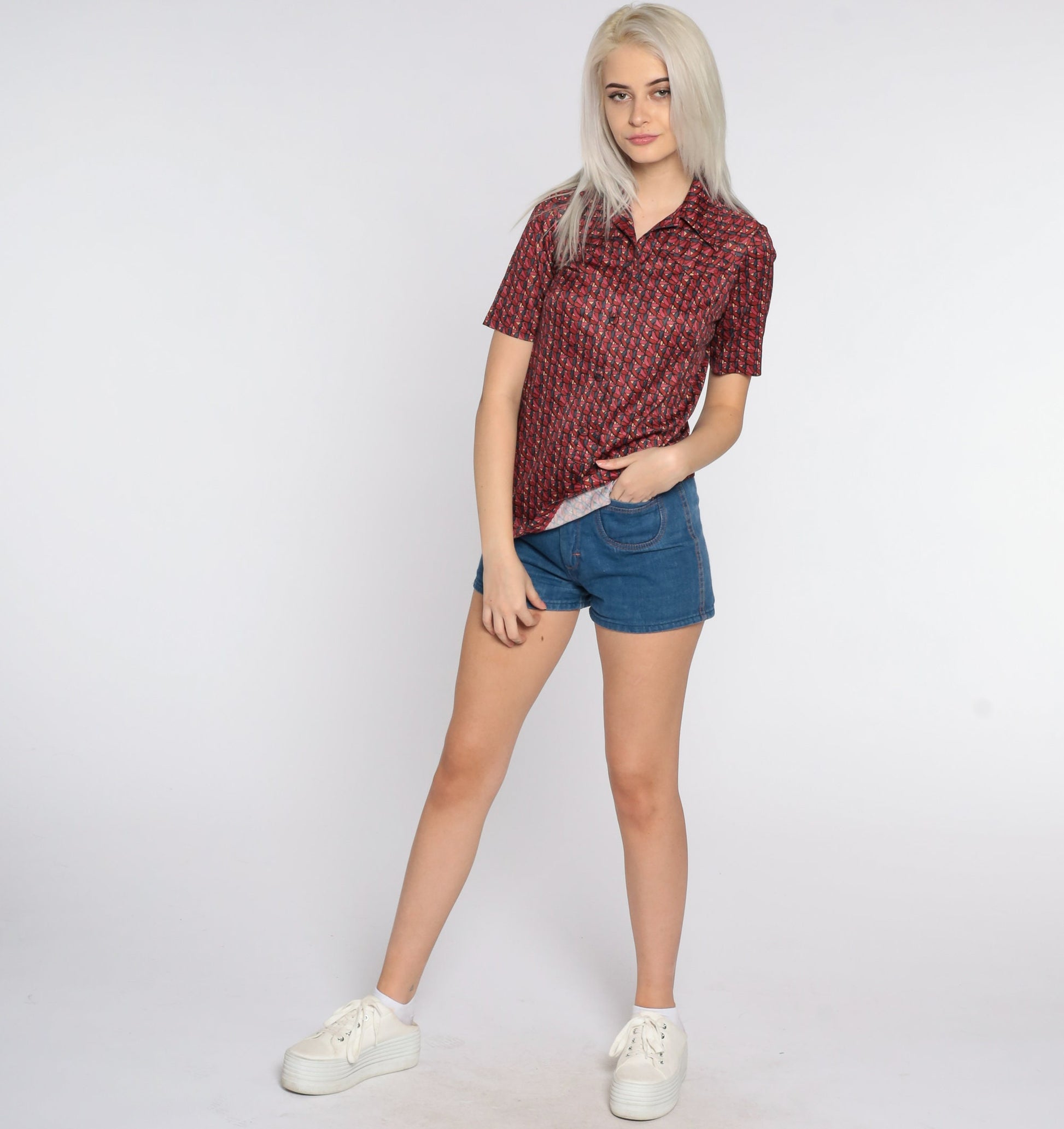 70s Geometric Print Disco Shirt Red Button-Up Blouse Short Sleeve Small S
