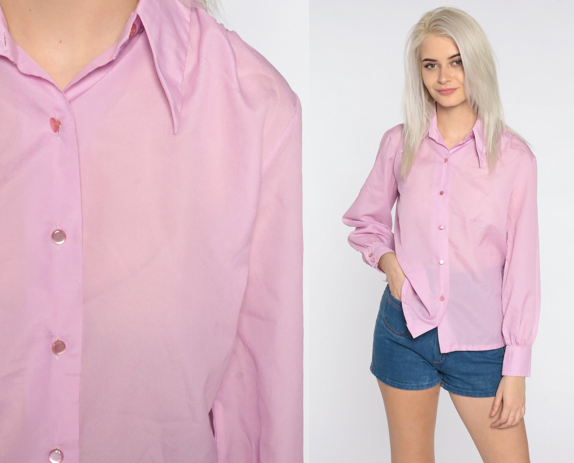 70s Lavender Dagger Collar Button-Up Shirt Long Sleeve Medium