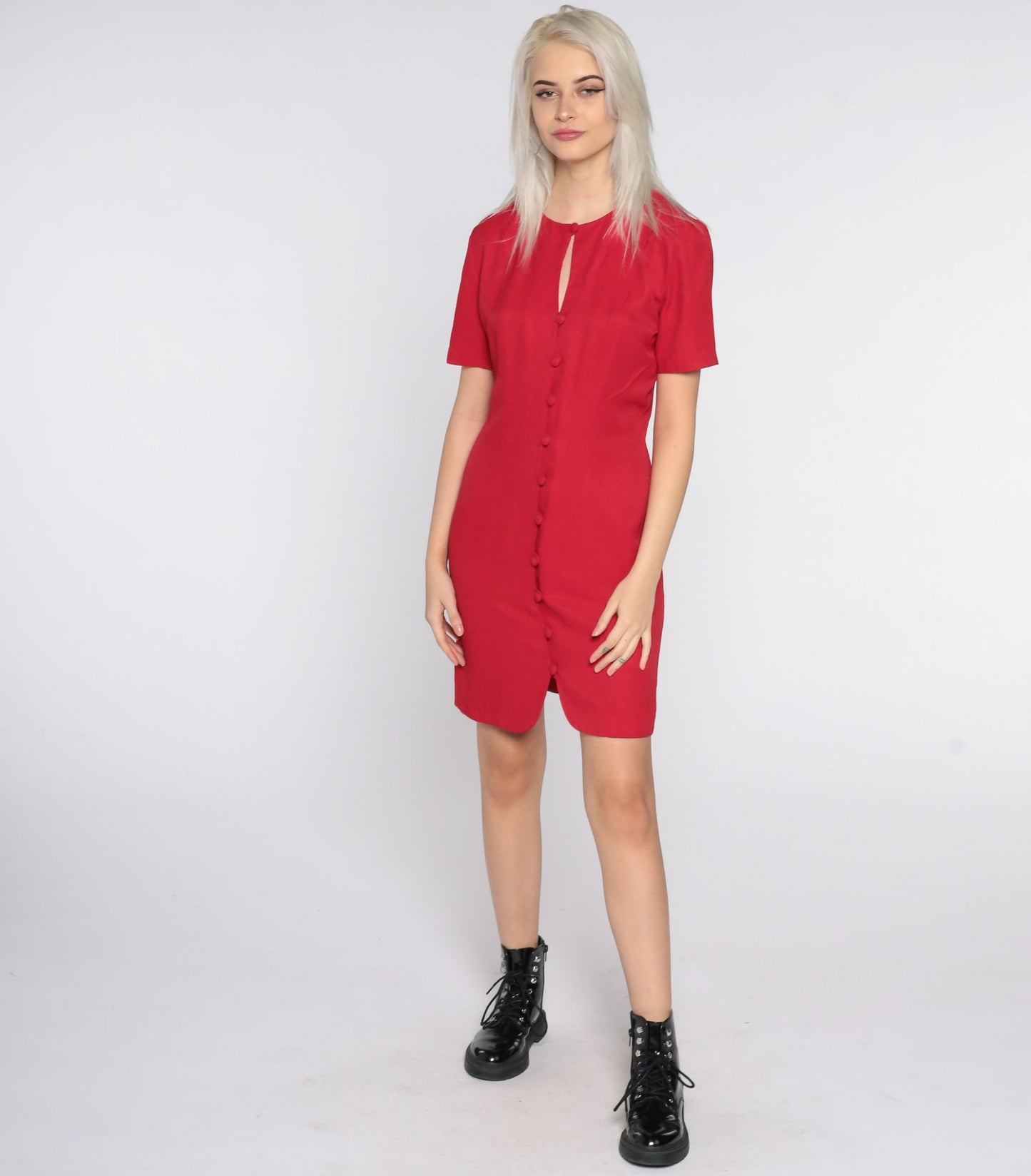 90s Red Mini Shift Dress Button Front Keyhole Short Sleeve Small