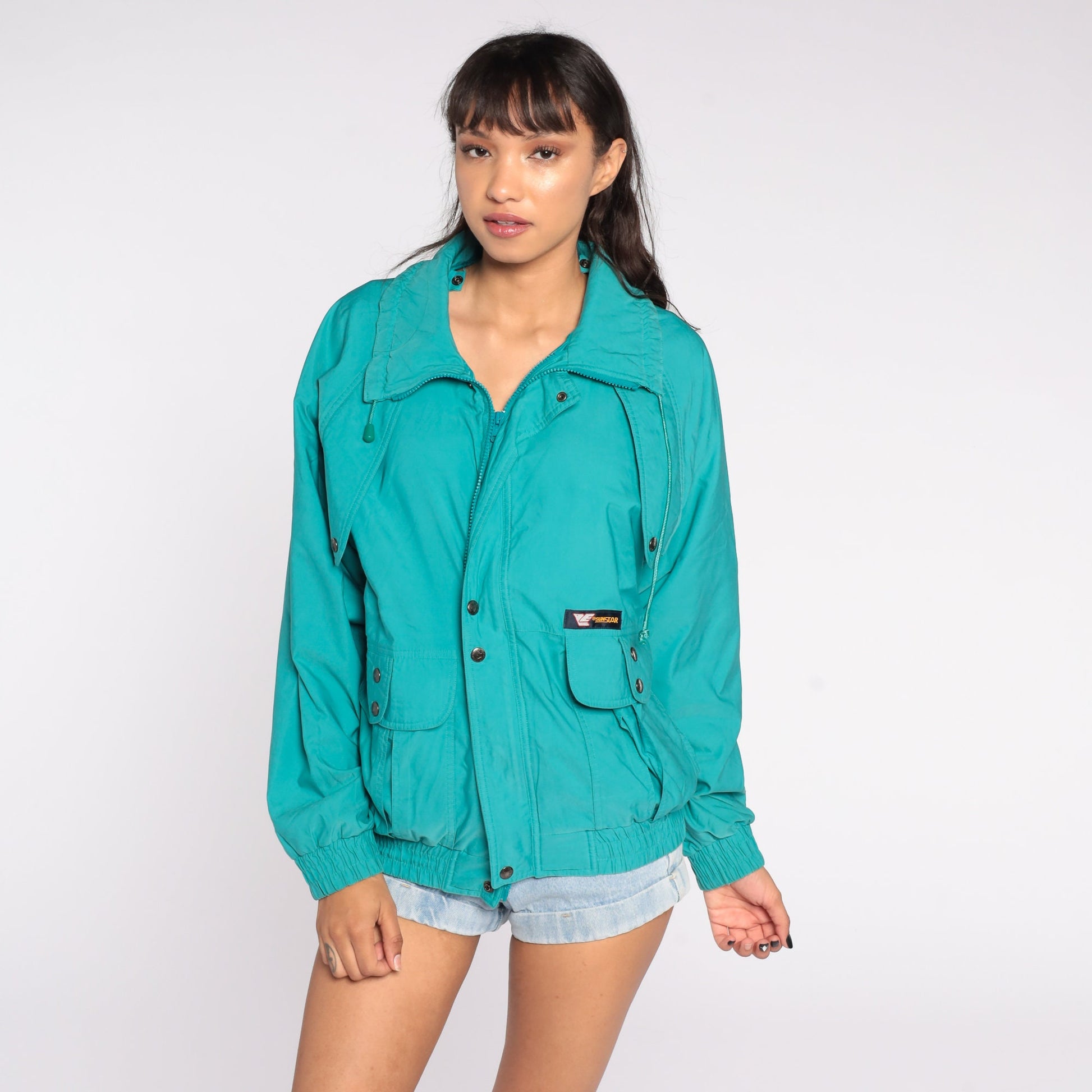 80s Turquoise Down Ski Jacket Nylon Puffer Coat Large
