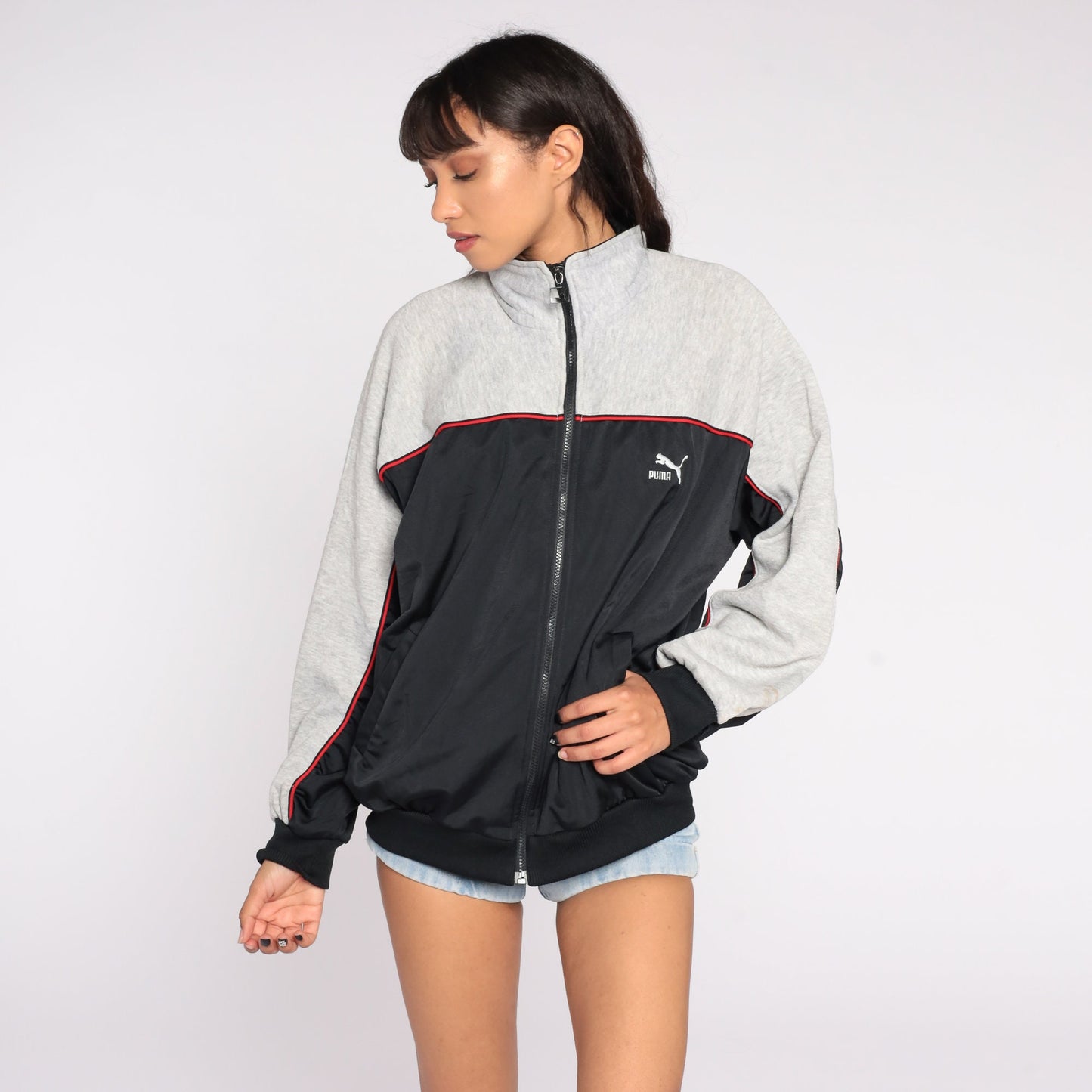 80s Puma Track Jacket Zip Up Sweatshirt Grey Black Striped Extra Large XL