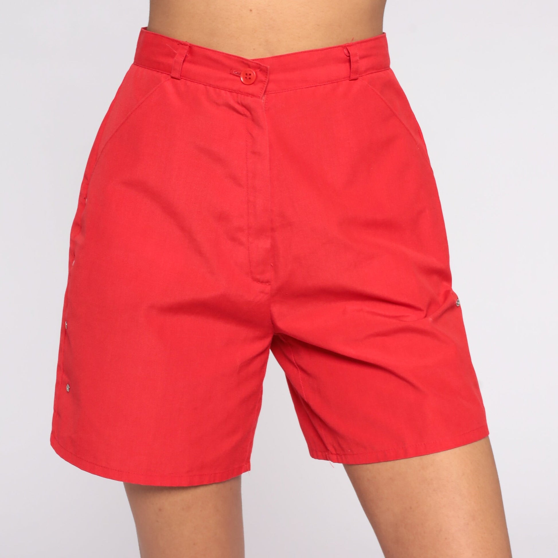 80s Red High-Waisted Shorts Cotton Blend Trouser Pockets Extra Small