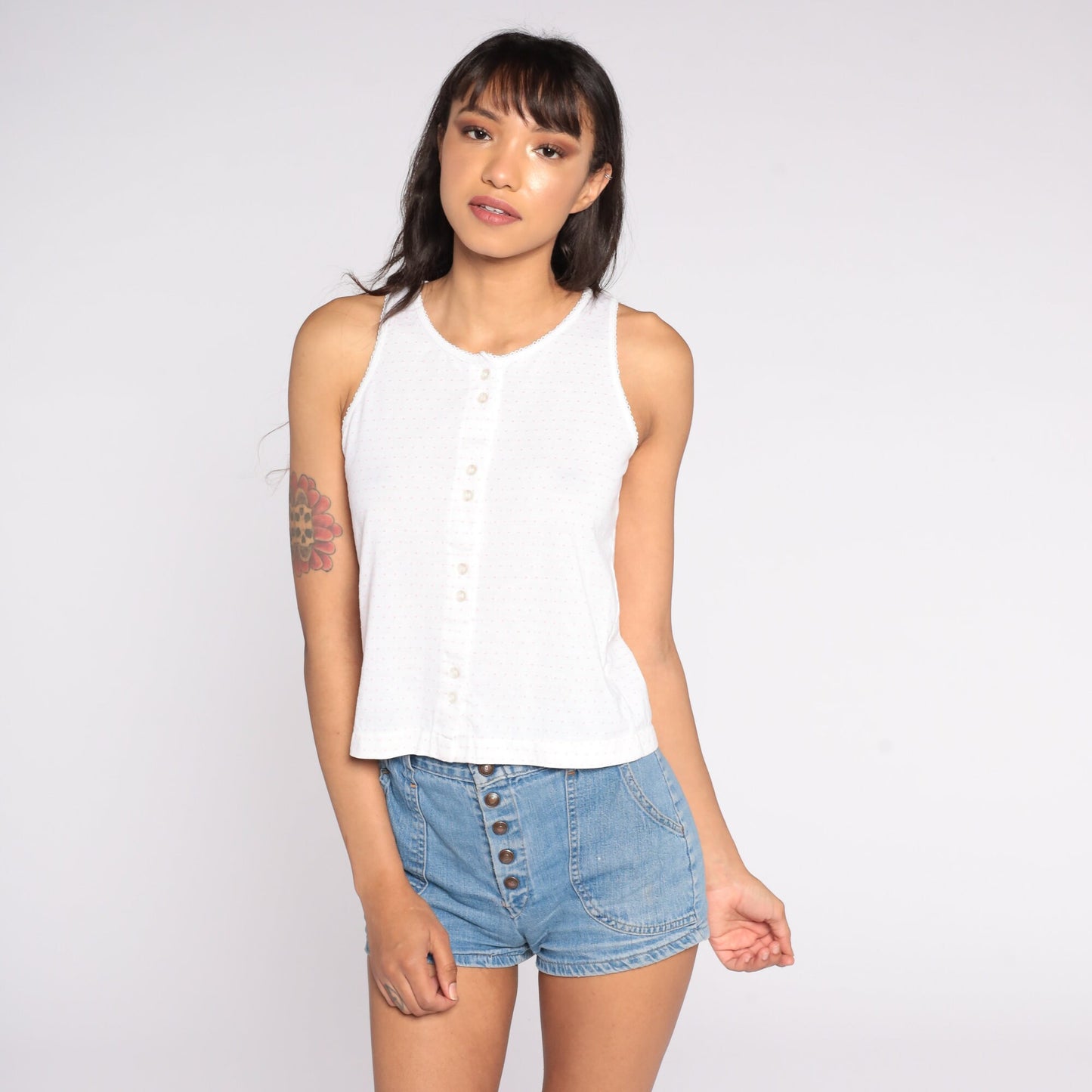 80s White Polka Dot Tank Top Button Front Cotton Sleeveless Small