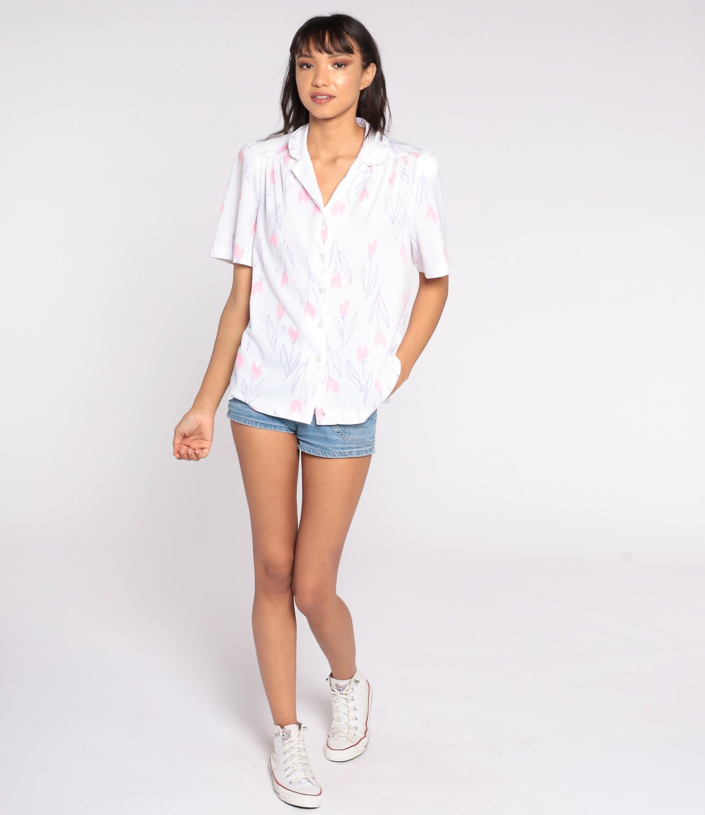 80s Floral Puff Sleeve Button-Up Blouse White Pink Extra Large