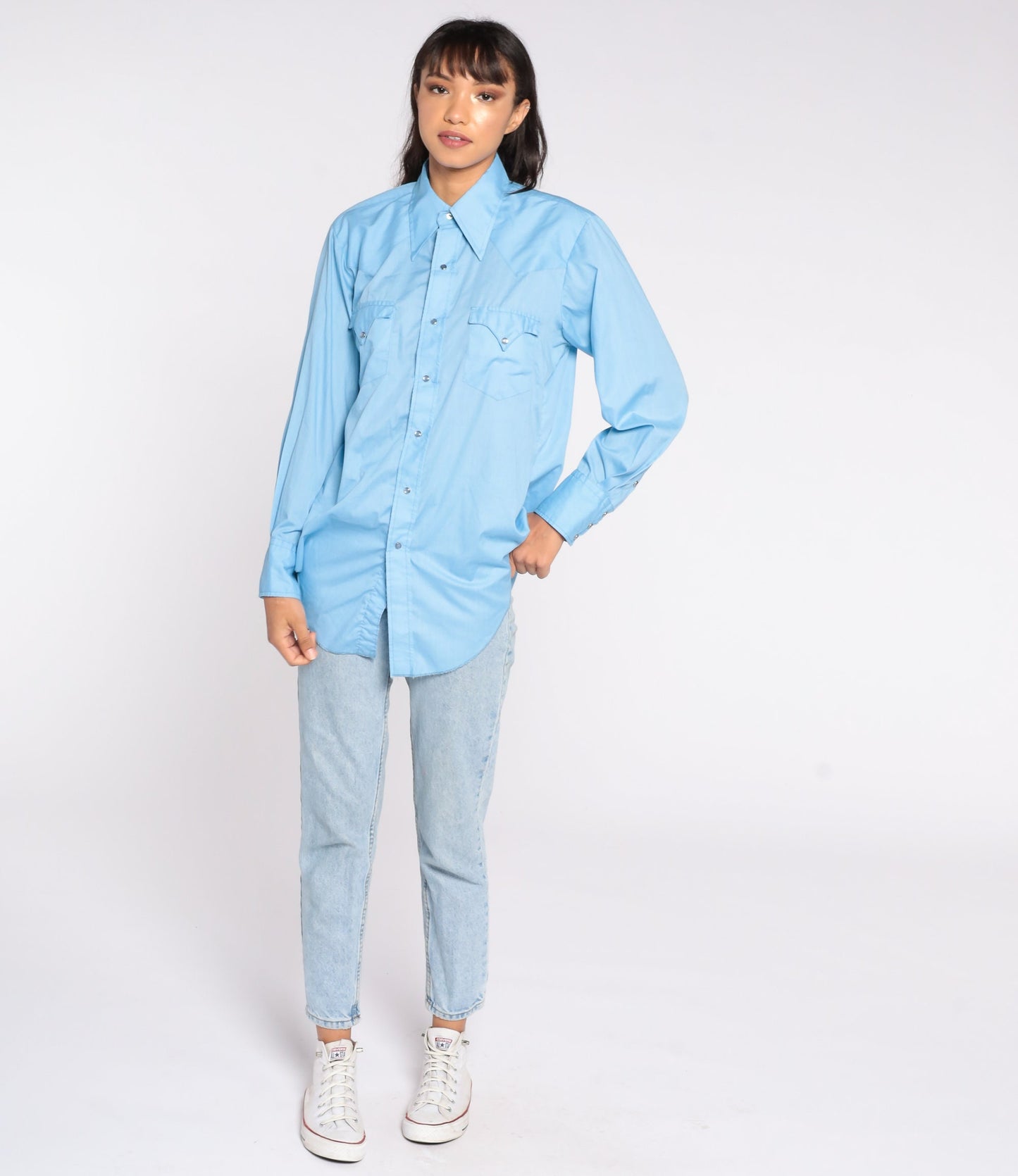 70s Blue Western Button-Up Shirt Long Sleeve Cotton Blend Medium