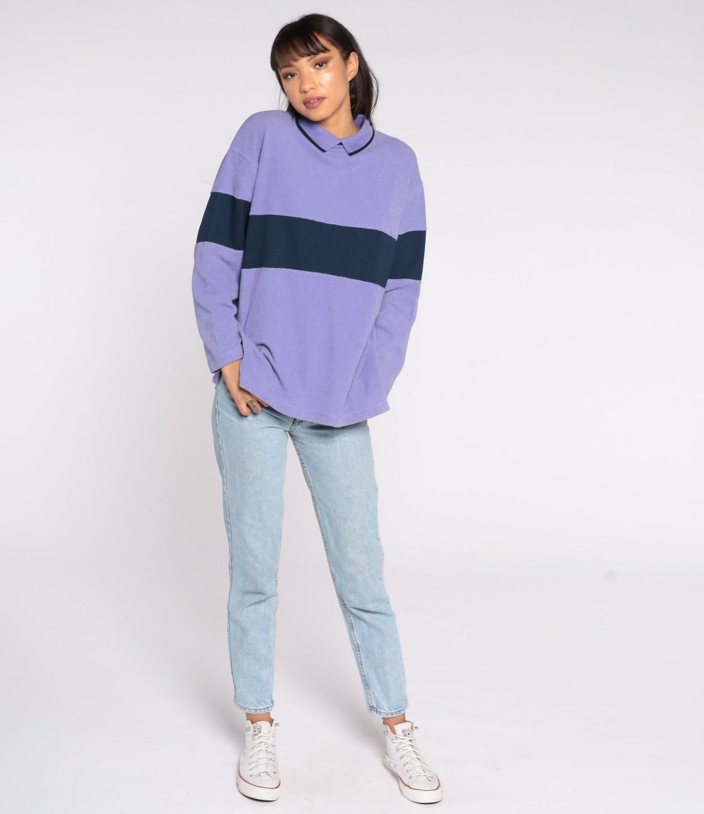 80s Purple Navy Striped Sweatshirt Collared Pullover Petite Medium