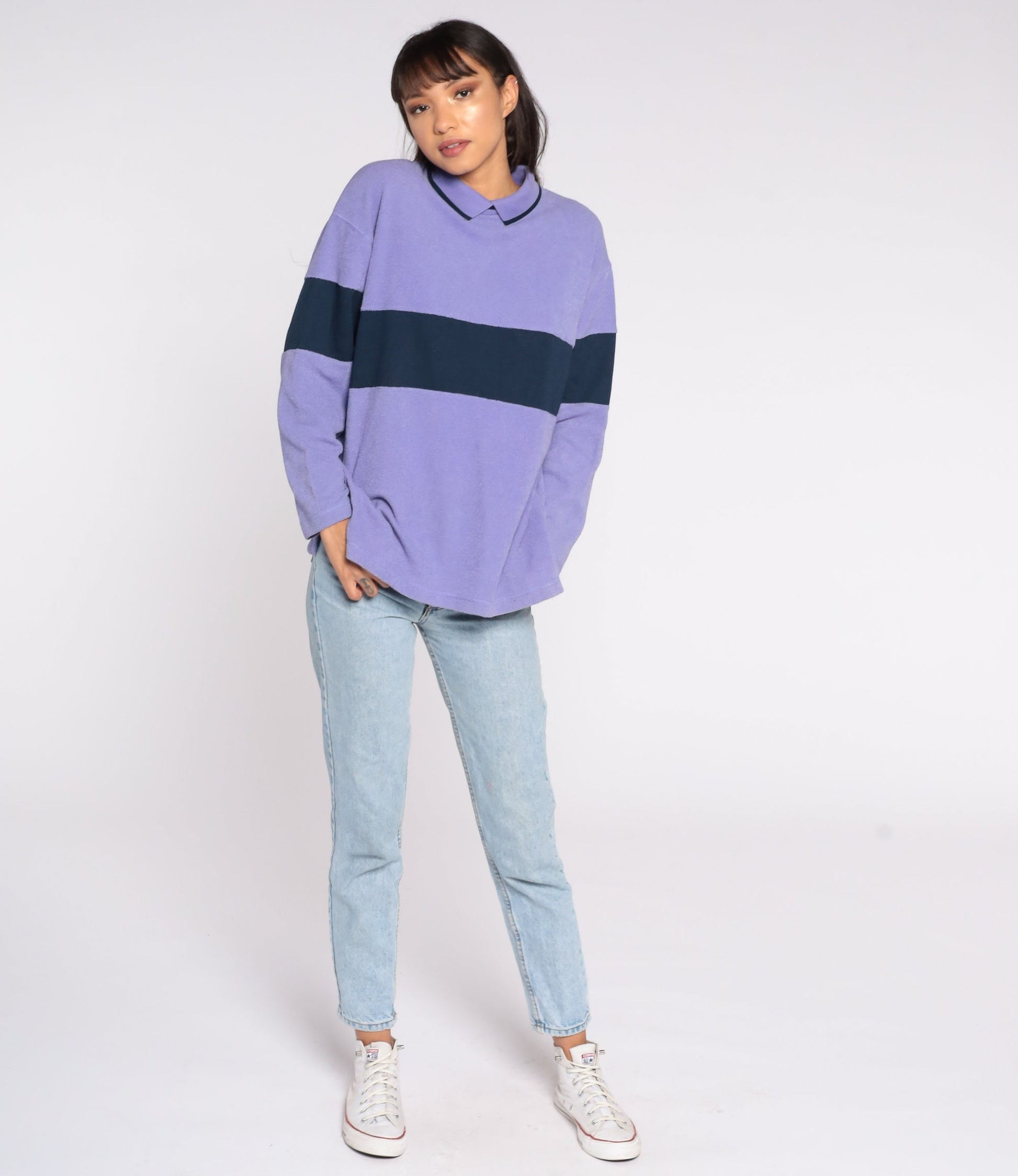 80s Purple Navy Striped Sweatshirt Collared Pullover Petite Medium
