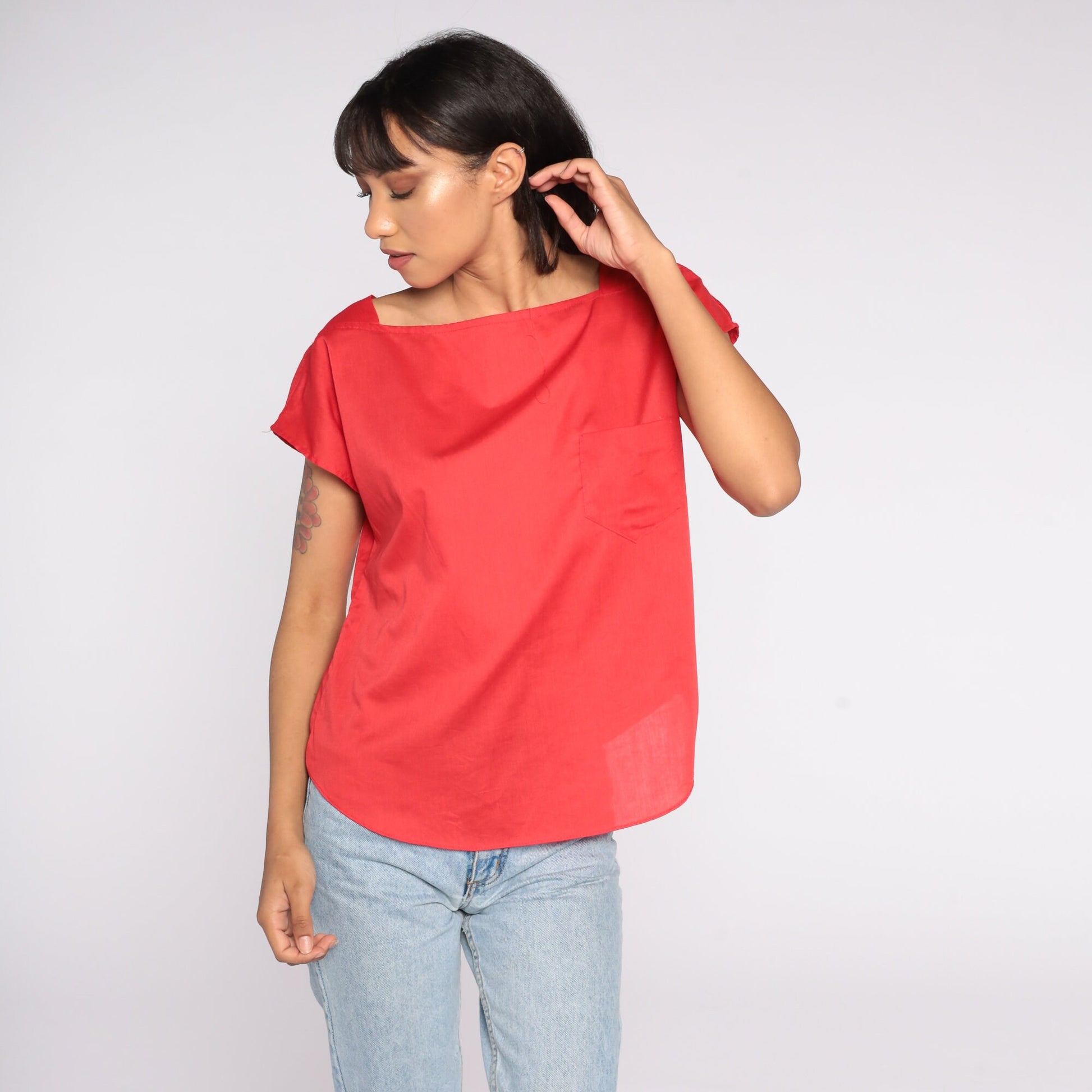 80s Red Cap Sleeve Blouse Cotton Blend Plain Shirt Large L