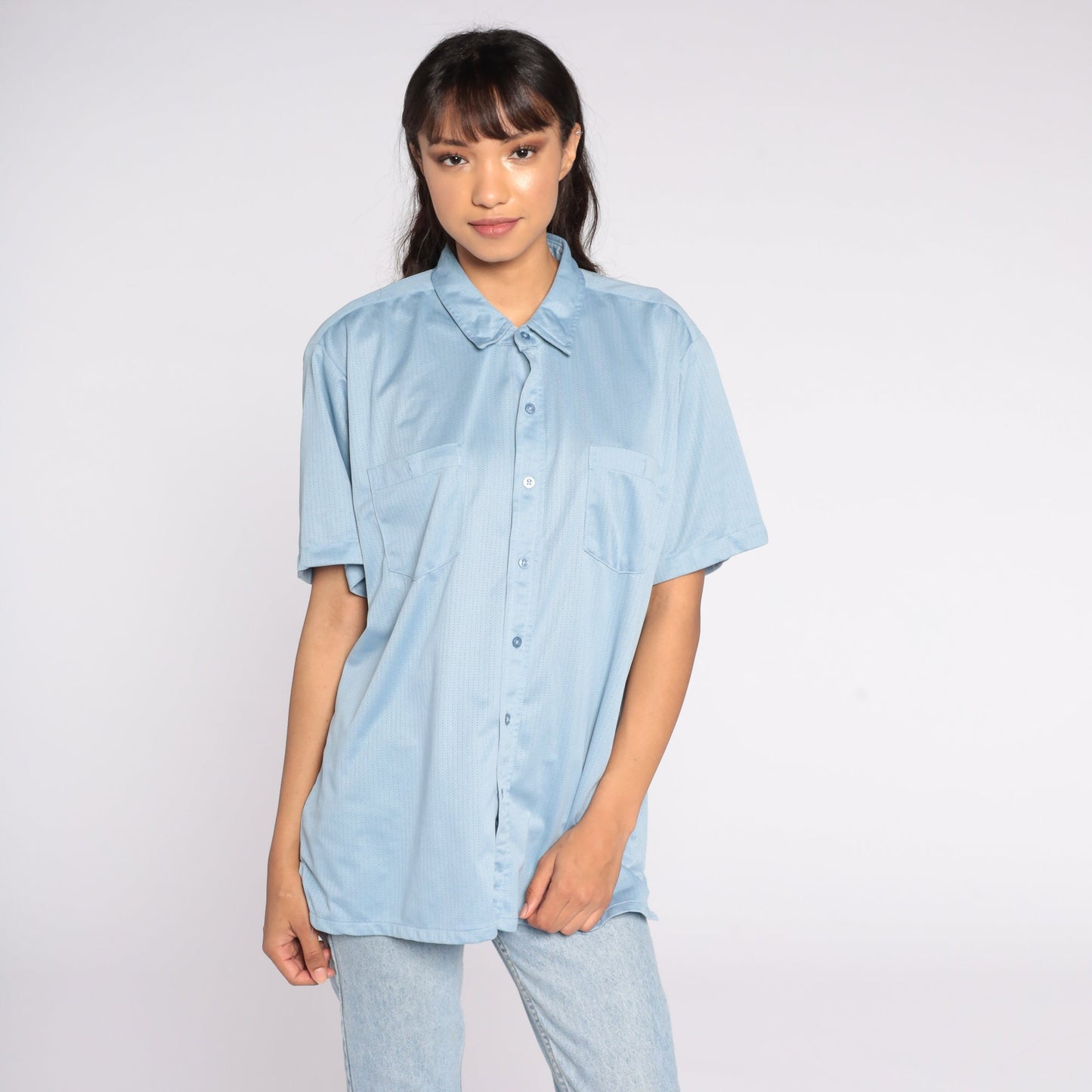 70s Haband Blue Button-Up Shirt Short Sleeve Collar Men's Large